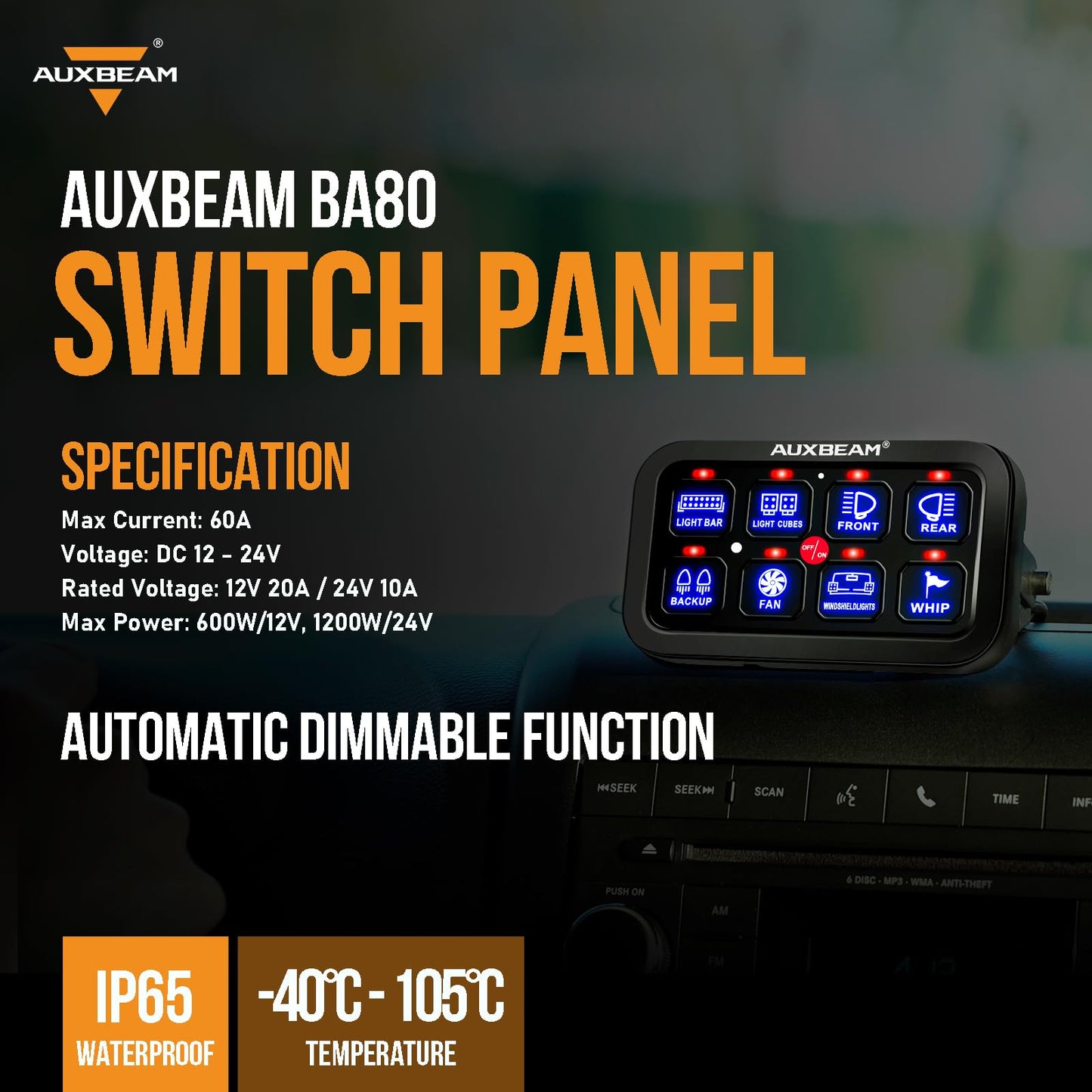 Auxbeam 8 Gang Switch Panel BA80 Automatic Dimmable LED Touch Control Panel Box Electronic Relay System Car Touch Switch Box Universal for Truck ATV UTV Boat Marine SUV Caravan -Blue, 3 Years Warranty