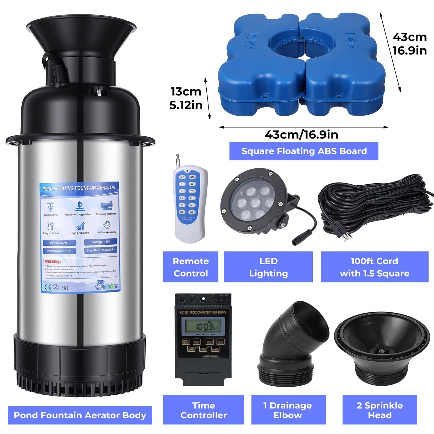 Pond Fountain Aerator with Led Lights RGB-15000 GPH,110V 1HP 750W Floating Fountain Aeration for Large Ponds,Aerating Fountain Pump for Outdoor Ponds & Lakes with 15A/100FT Power Cord