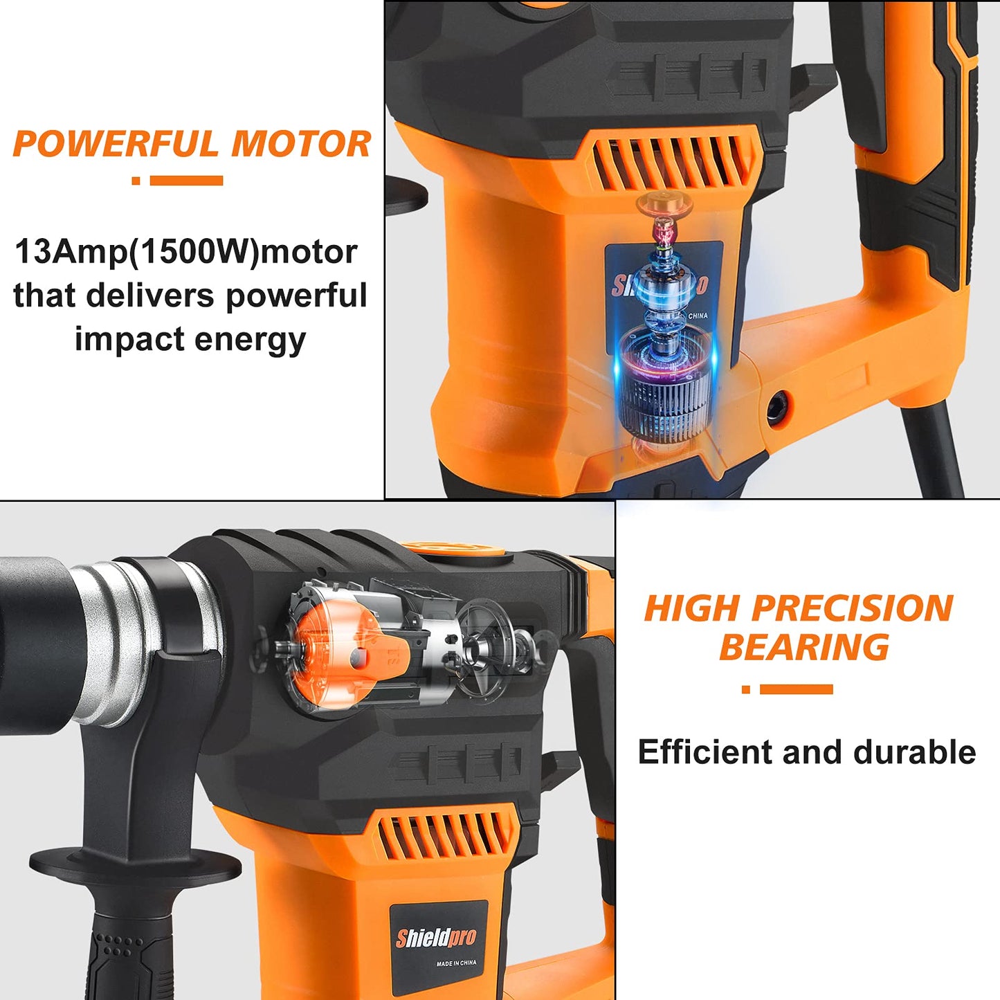 SHIELDPRO 1-1/4 Inch SDS-Plus 13 Amp Rotary Hammer Drill, Cordless Electric Ratchet