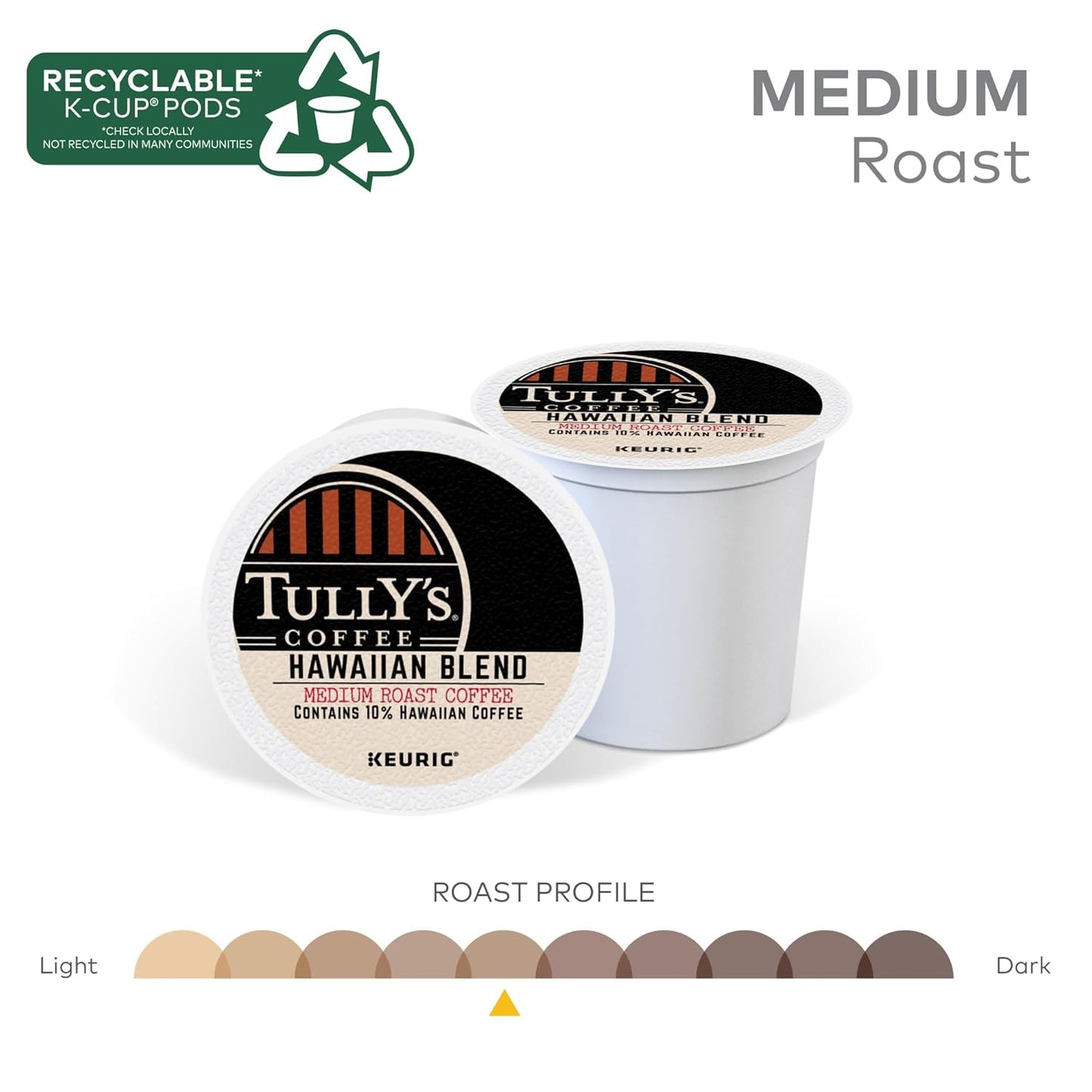 Tully's Coffee Hawaiian Blend K-Cup Pods - Medium Roast, 60 Count (6 Packs of 10)