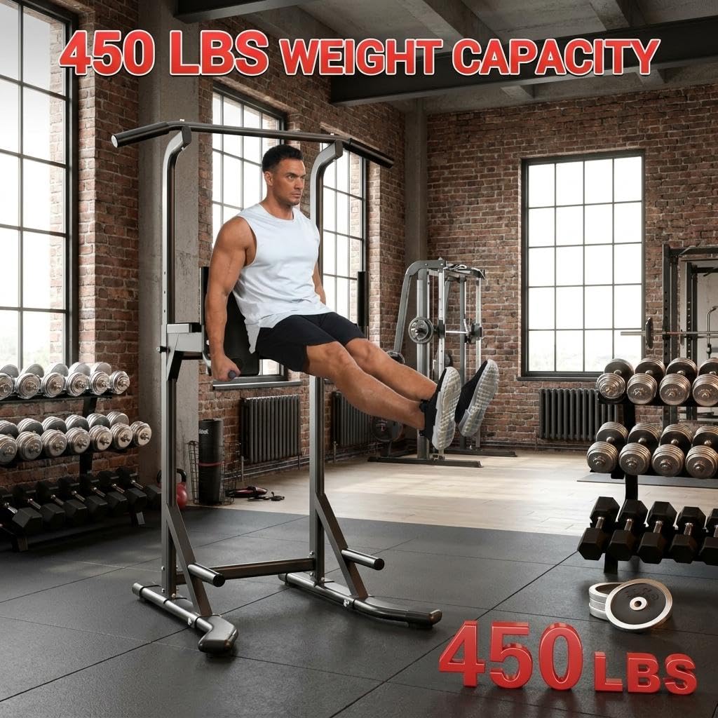 Power Tower, Heavy Duty Pull Up Bar 450LB Capacity, Multi-Functional Dip Station Adjustable Height, Strength Training Equipment Full Body for Home Gym, Pull-Ups, Dips & Leg Raises, Carbon Steel