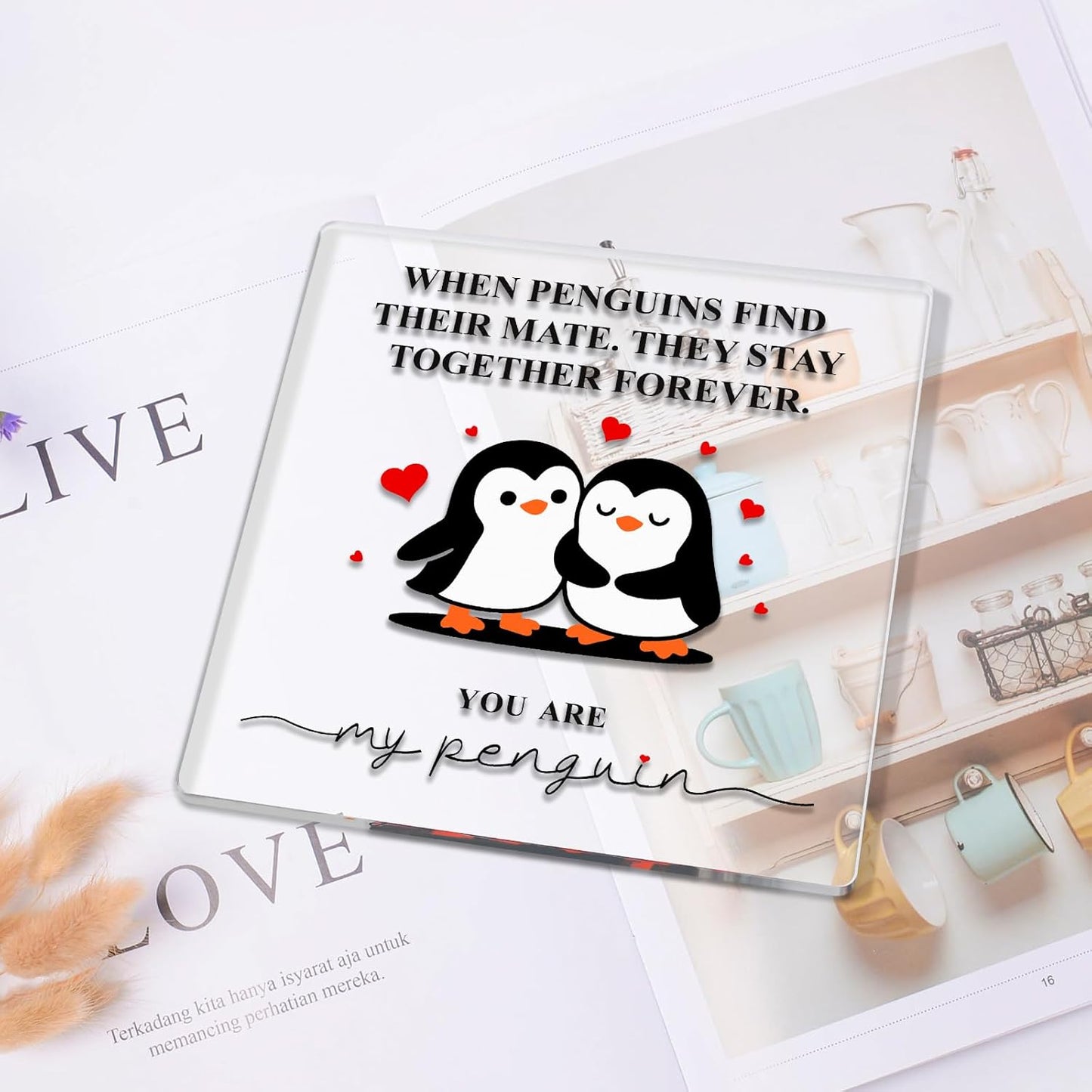 Romantic Penguin Acrylic Plaque - 5.9x5.9 Inch Clear Decor for Home & Office | Perfect Gift for Couples