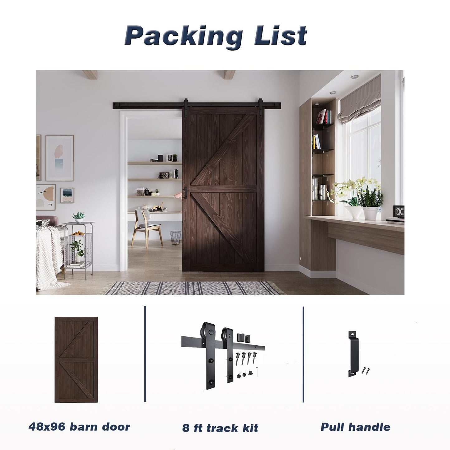 FREDBECK 48in x 96in Brown Wood Barn Door with 8ft Barn Door Hardware Track Kit Included, Double Surfaces,Simple Assembly is Required,K-Frame,Coffee