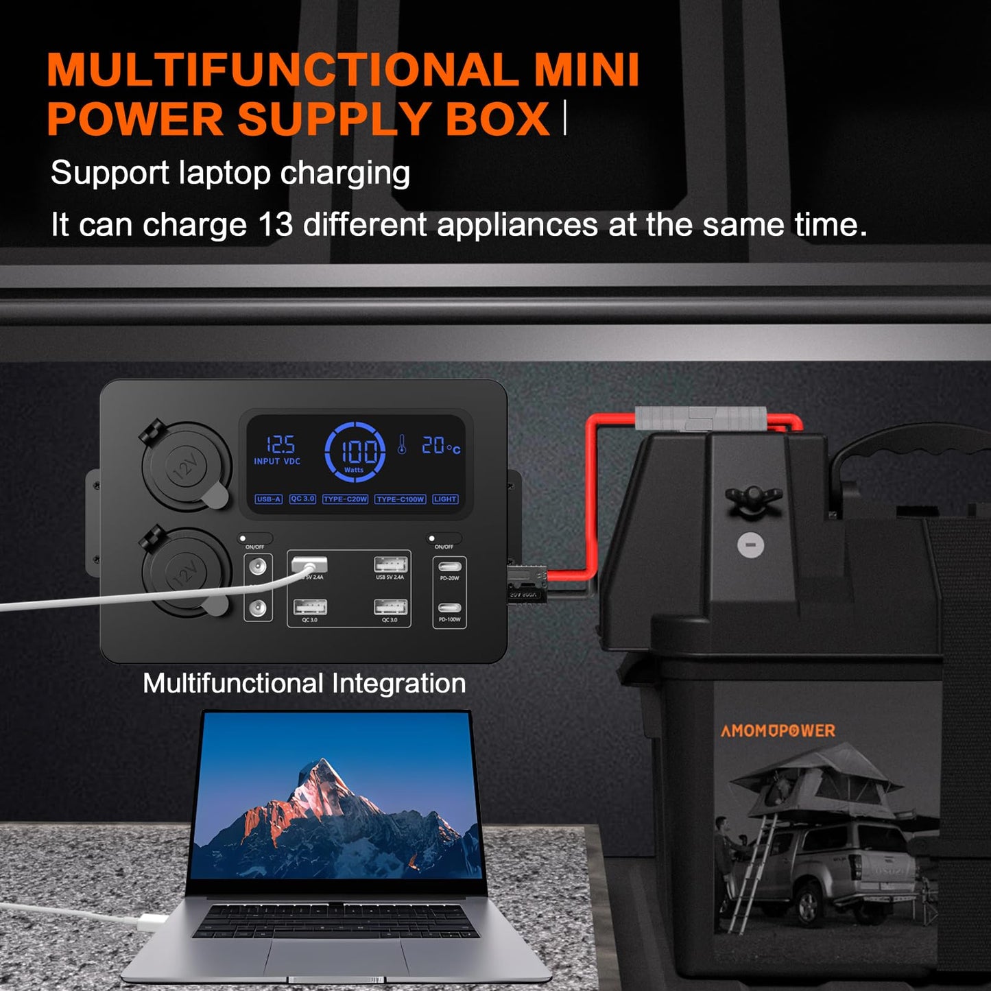 AMOMD 12-24 V Power Outlet Hub Distribution Box 13 Output Sockets Quick Plug+PD20W/100W+QC3.0 USB+CIG Power Sockets Plug-and-Play with LCD Display LED Light Suitable for All Deep-cycle Type