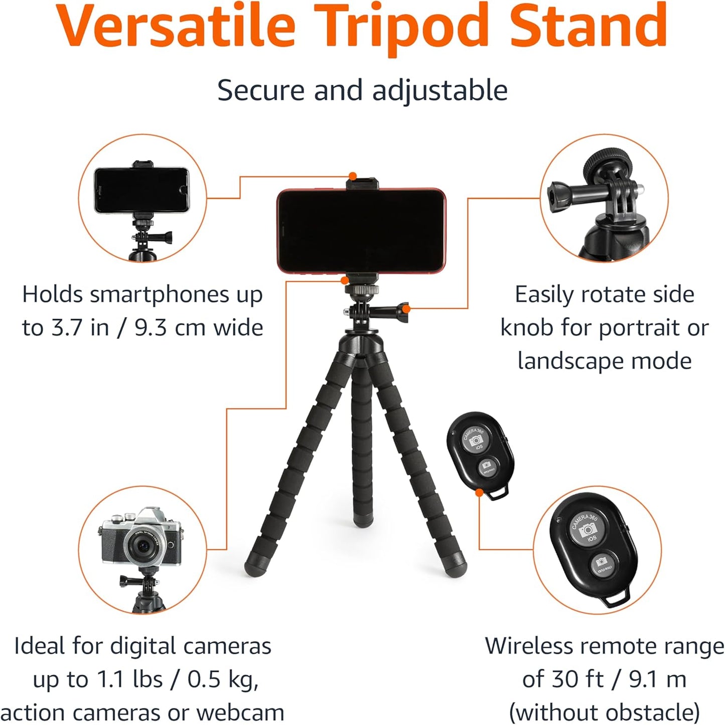 Amazon Basics 10-inch, Portable and Flexible Tripod with Wireless Remote and Smartphone Clamp, Black