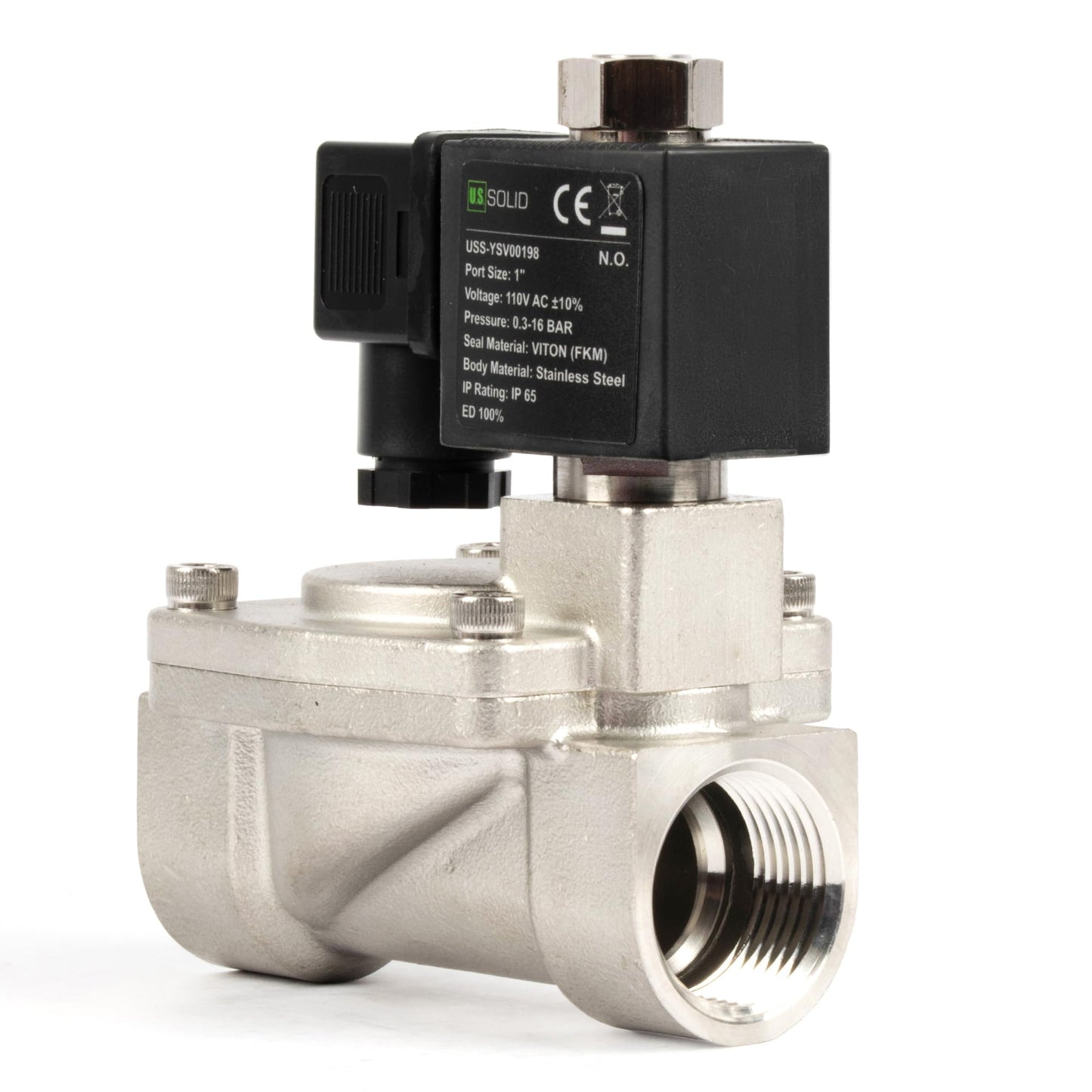 U.S. Solid Stainless Steel Solenoid Valve 1" - 110V 120V AC, Normally Open, 4.4-232 PSI, Pilot-Operated, Viton Seal