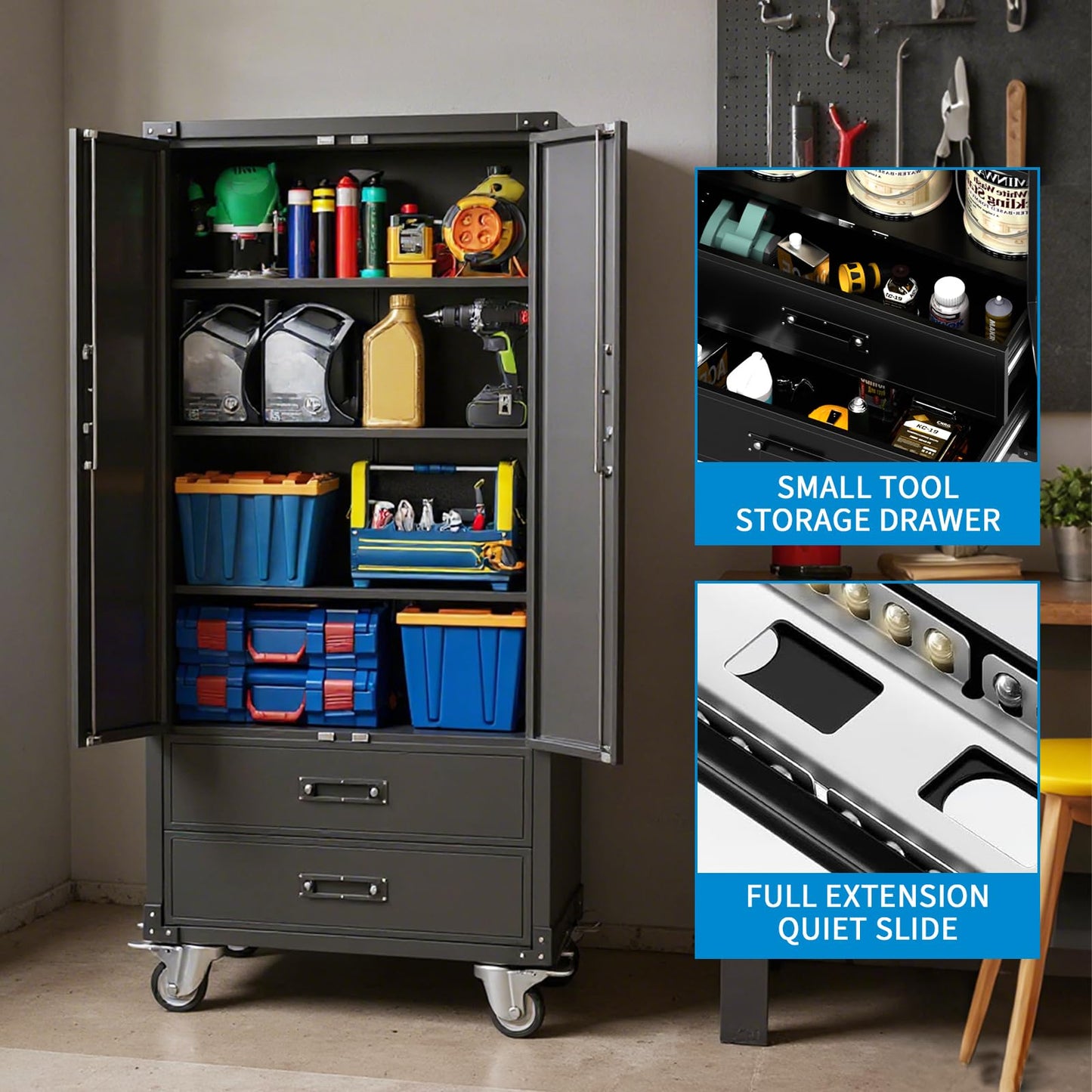Metal Storage Cabinet with Wheels, 67in Rolling Metal Cabinets with Doors & Adjustable Shelves for Garage Storage, Heavy Duty Black Steel Lockable Cabinet on Wheels for Workshop, Home Office, Black