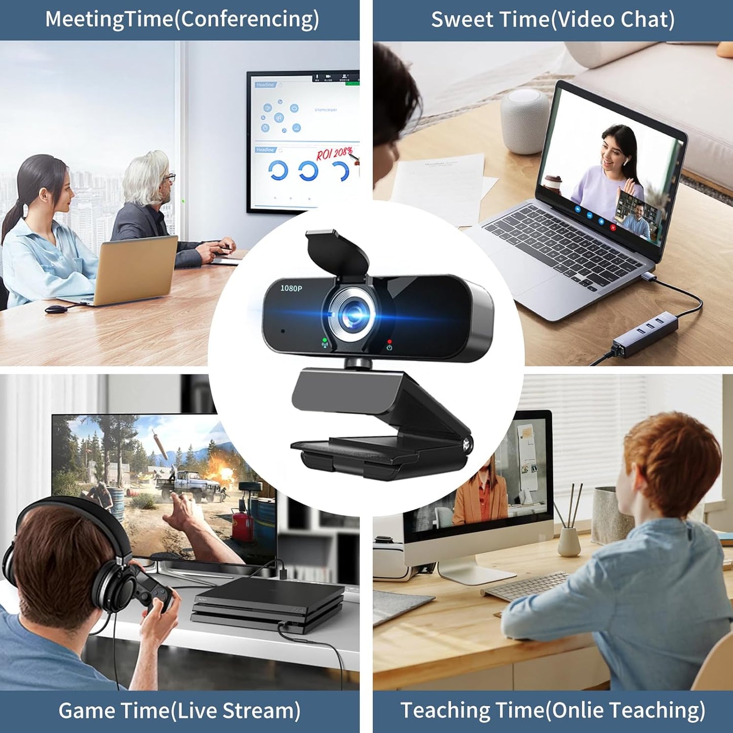 Lusinx 1080P Webcam for Computer/Laptop/Desktop/PC, External Camera with Microphone, USB Plug&Play, Auto Low Light
