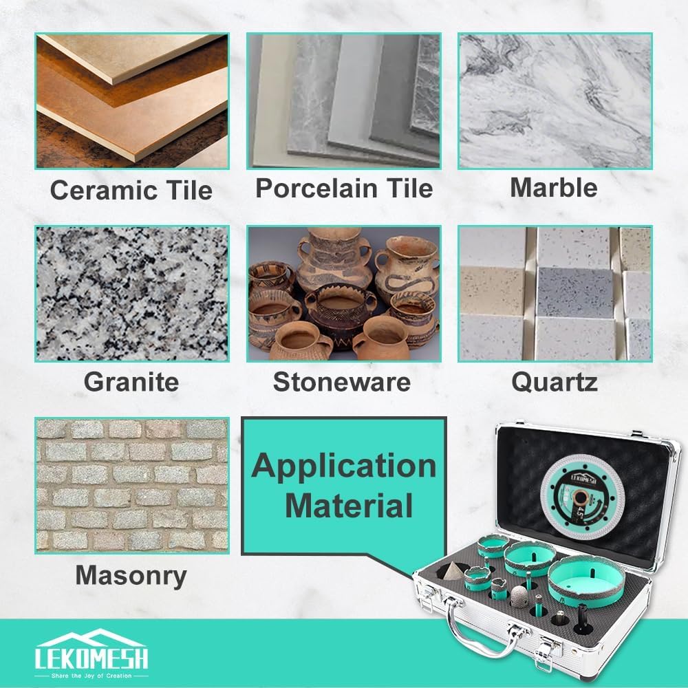 LEKOMESH Diamond Hole Saw Kit - Tile Hole Saw Kit 6-100mm with Cutting Disc, 13PCs for Porcelain Tile, Ceramic, Granite, Marble, Stone, Masonry Dry/Wet Drilling, Milling and Chamfering