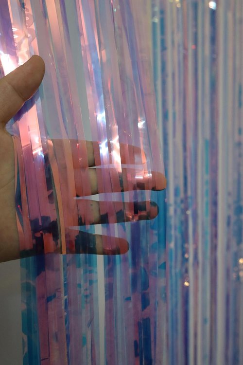 Iridescent Purple Party Streamers | 2 Pack Neon Transparent Holographic Tinsel Backdrop - 3.31 x 6.6 ft for Birthday & Wedding Decor