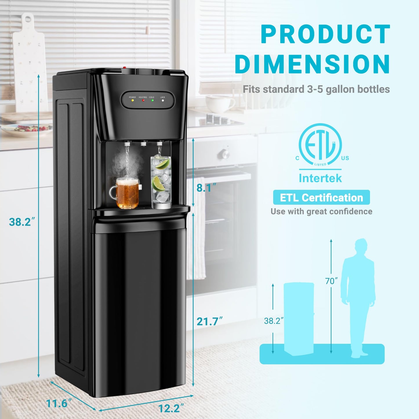Manastin Bottom Loading Water Cooler Dispenser，3 Temperature Settings - Hot, Cold & Room, Empty Bottle Indicator, Child Safety Lock, Ideal for Office, Home, Living Room, Matte Black