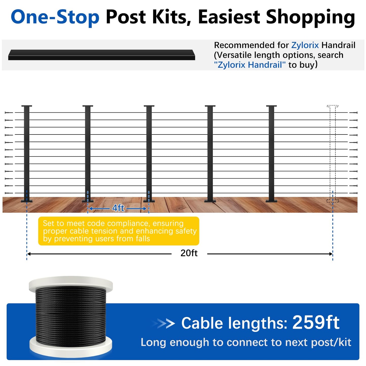 Zylorix 16ft-20ft Modular Cable Railing Post Kit 42" T304 Stainless Steel 5 Level Post Kit, Surface Mount Black Cable Railing System for Decks Length Adjustable Easy DIY, 259ft 1/8" Wire(No Handrail)