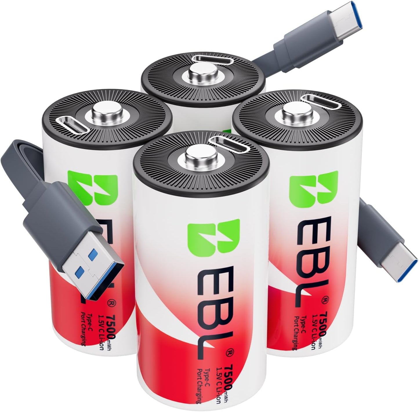 EBL 7500mWh 1.5V 1600+ (4 Pack) Rechargeable C Batteries Lithium USB-C Cable Cycles Fast Charging for Cameras