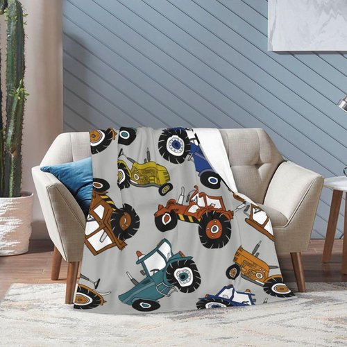 Car Tractor Cartoon Pattern Flannel Throw Blanket for Kids Boys Baby Toddler Teens Gifts Soft Warm Bedroom Throws for Home Couch Room Sofa Office Travel Camping Dorm Decor 50x40 Inch