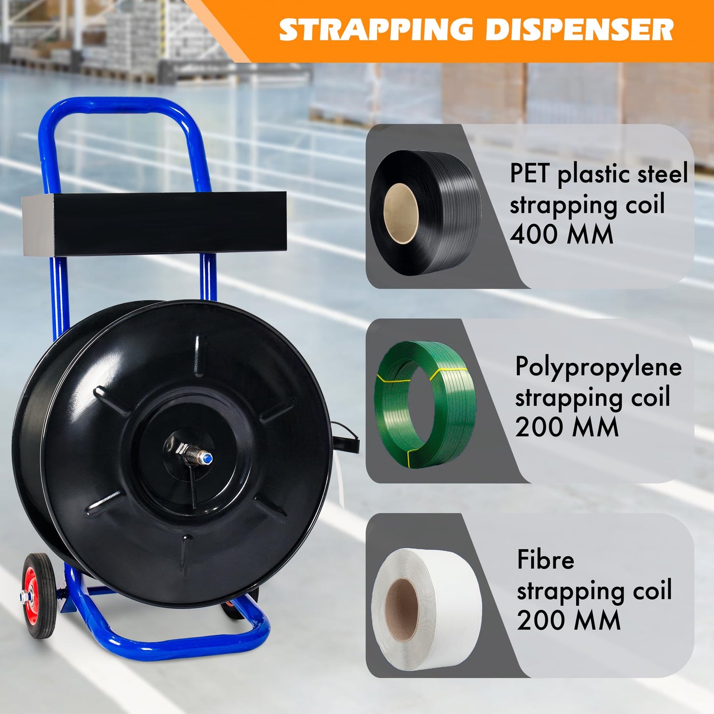 Heavy Duty Strapping Dispenser for 8" x 8" Poly and Steel Strapping -Strapping Cart with Spacious Tray for Strapping Tool Seals and Gloves