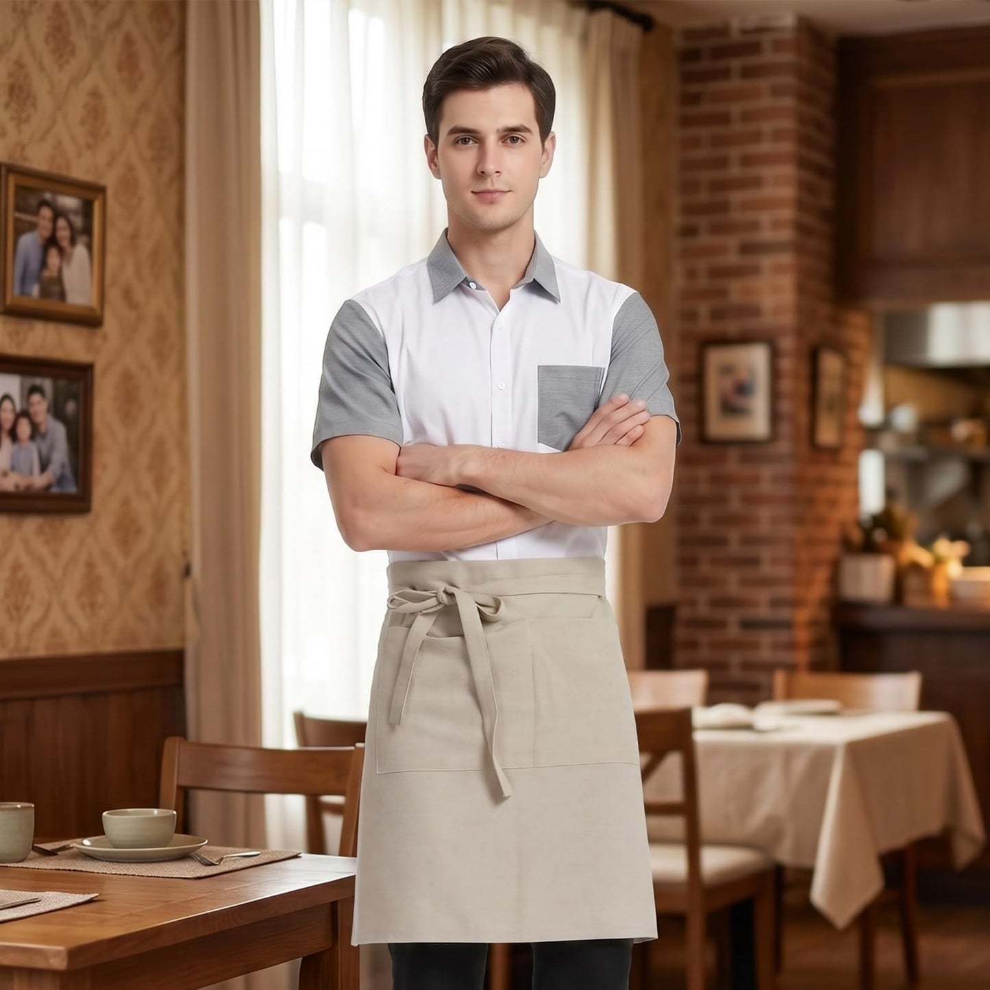 Cityelf Half Apron for Women Men Cotton Linen with 2 Large Pockets Waist Short Bistro Server Aprons Waiter Waitress Unisex