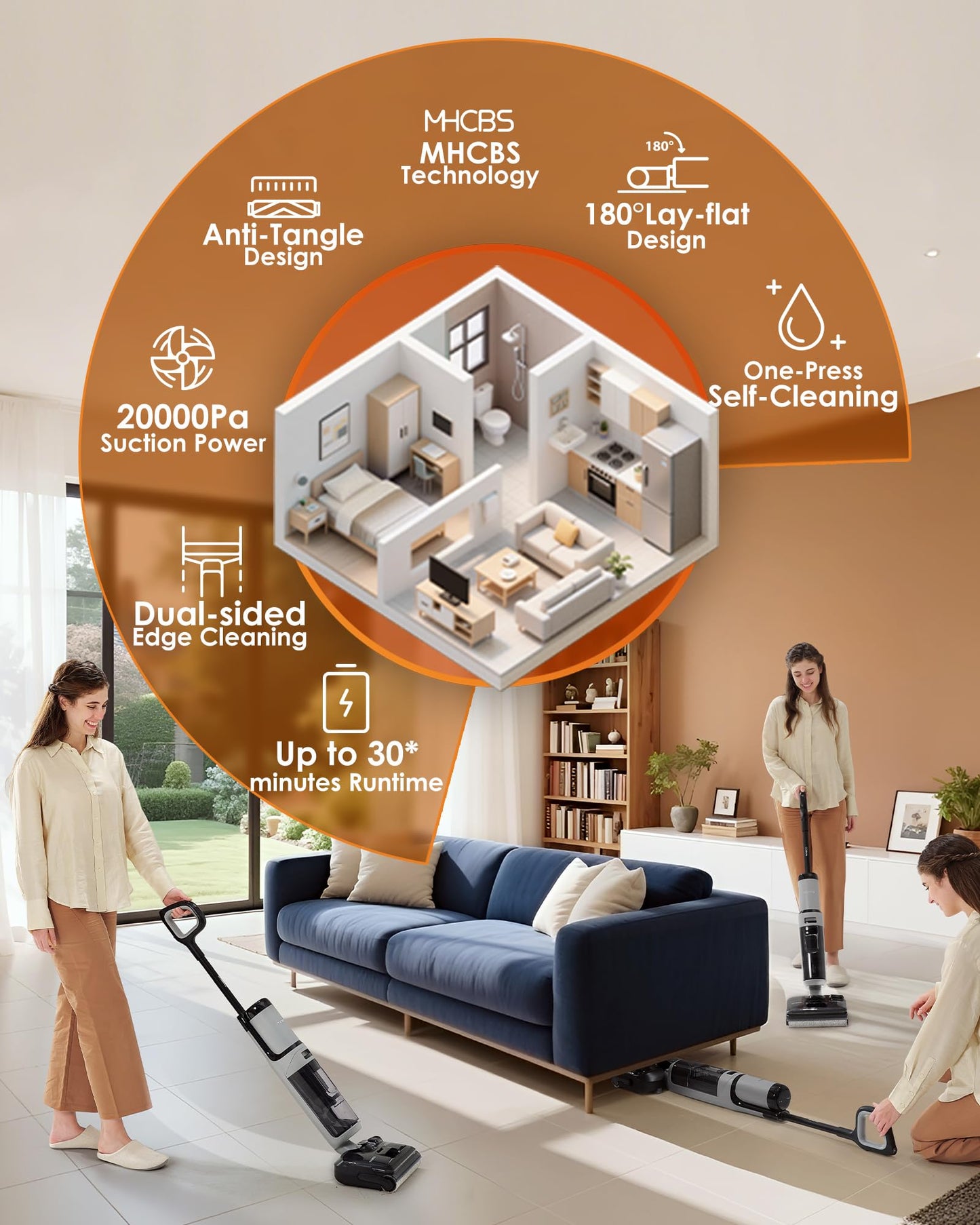 Tineco Floor ONE i5 Stretch Wet Dry Vacuum Cleaner, Vacuum & Mop in One Step, 20kpa Powerful Suction, 180° Lay-Flat Design, Anti-Tangle Design, Dual-Sided Edge Cleaning, Up to 30* Minutes Runtime