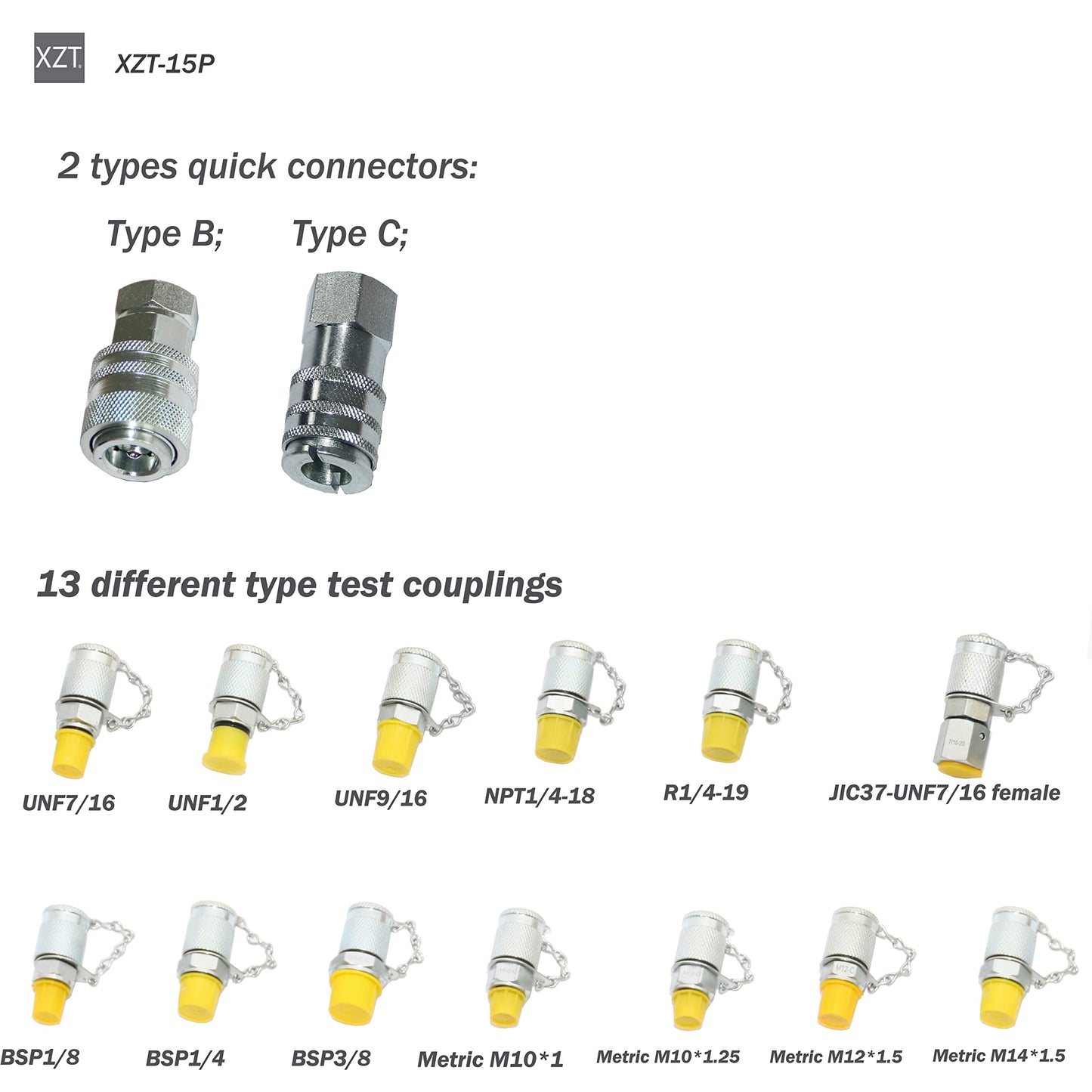 XZT 70U Hydraulic Pressure Test Coupling Kit,Pressure gauges Set,Test Hose,BSPP ORFS JIC Hydraulic Swivel Run tees for Repair Excavator Construction Machinery