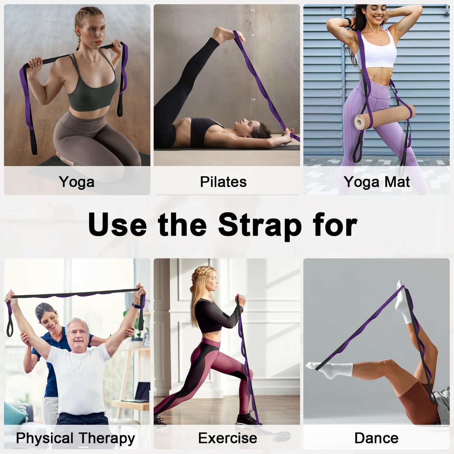 Amrules Yoga Strap for Stretching with 10 Loops Inelastic Soft Polyester Cotton Stretch Out Band for Exercise, Yoga, Pilates and Dance for Men and Women, Black