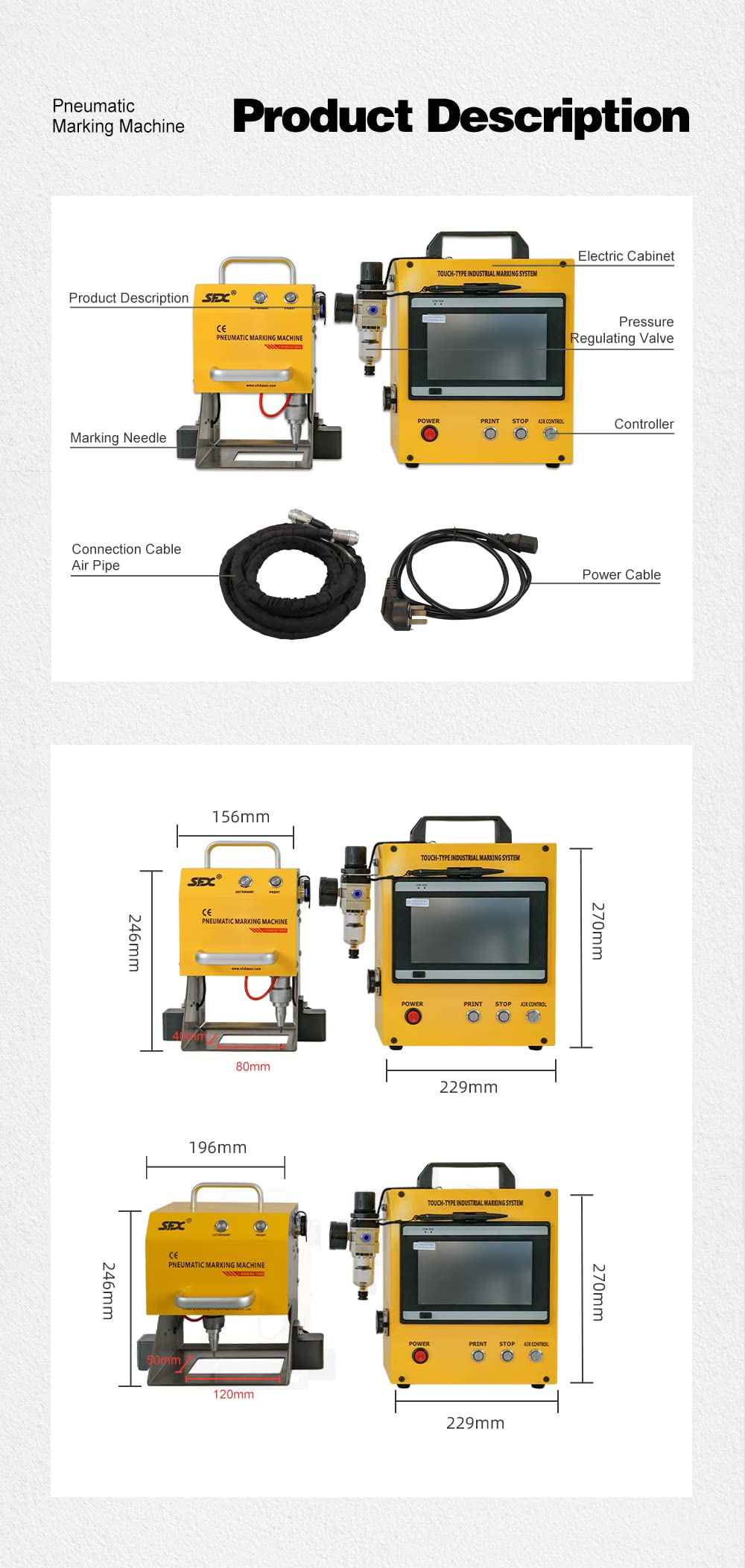 100W Pneumatic Dot Peen Metal Marking Machine Engraving Size 120x50mm(4.7X2inch) with Digital Control Depth 0.02-1 mm Metal Engraving Machine Plate Marking Engraver for Serial Number,VIN,Date