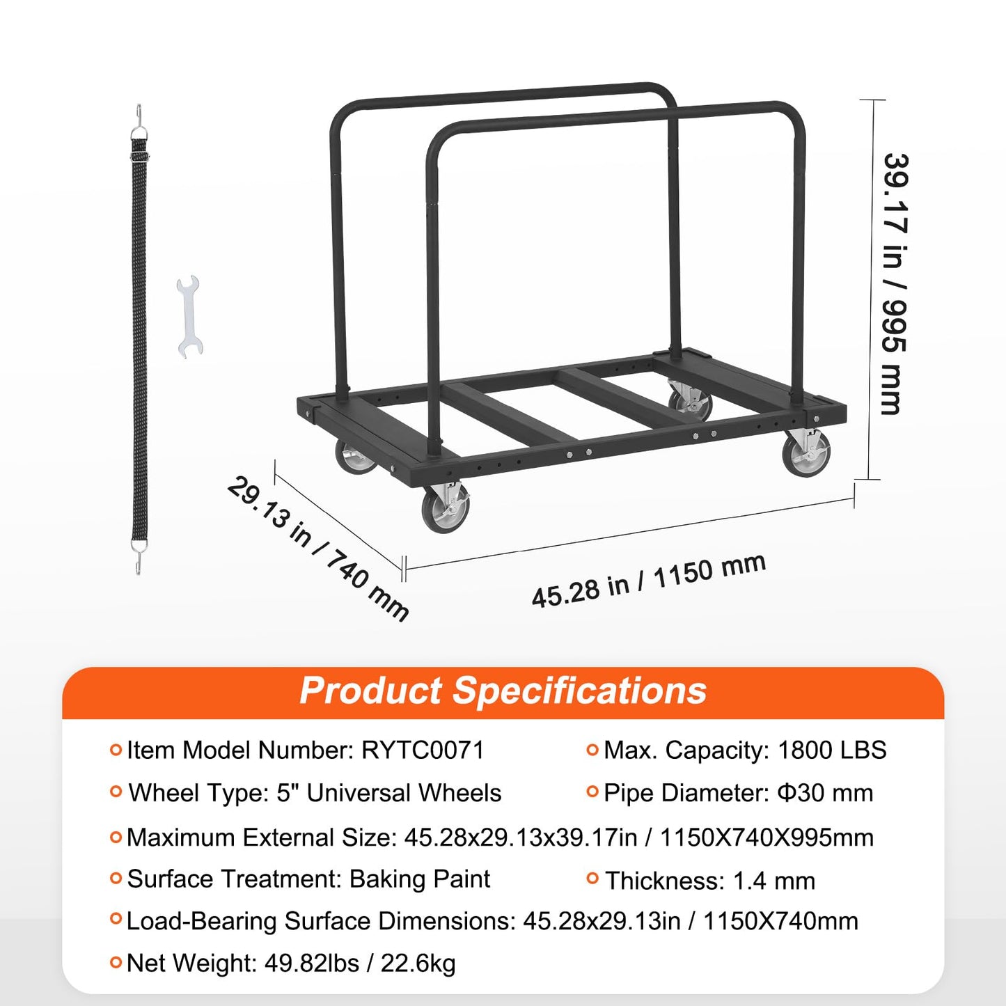 VEVOR Folding Table Cart, Heavy Duty Table Trolley with 5" Swivel Wheels, 1800 LBS Drywall Dolly Cart for Garage, Home, Warehouse, Party Event Hotel Furniture 10 Table Capacity
