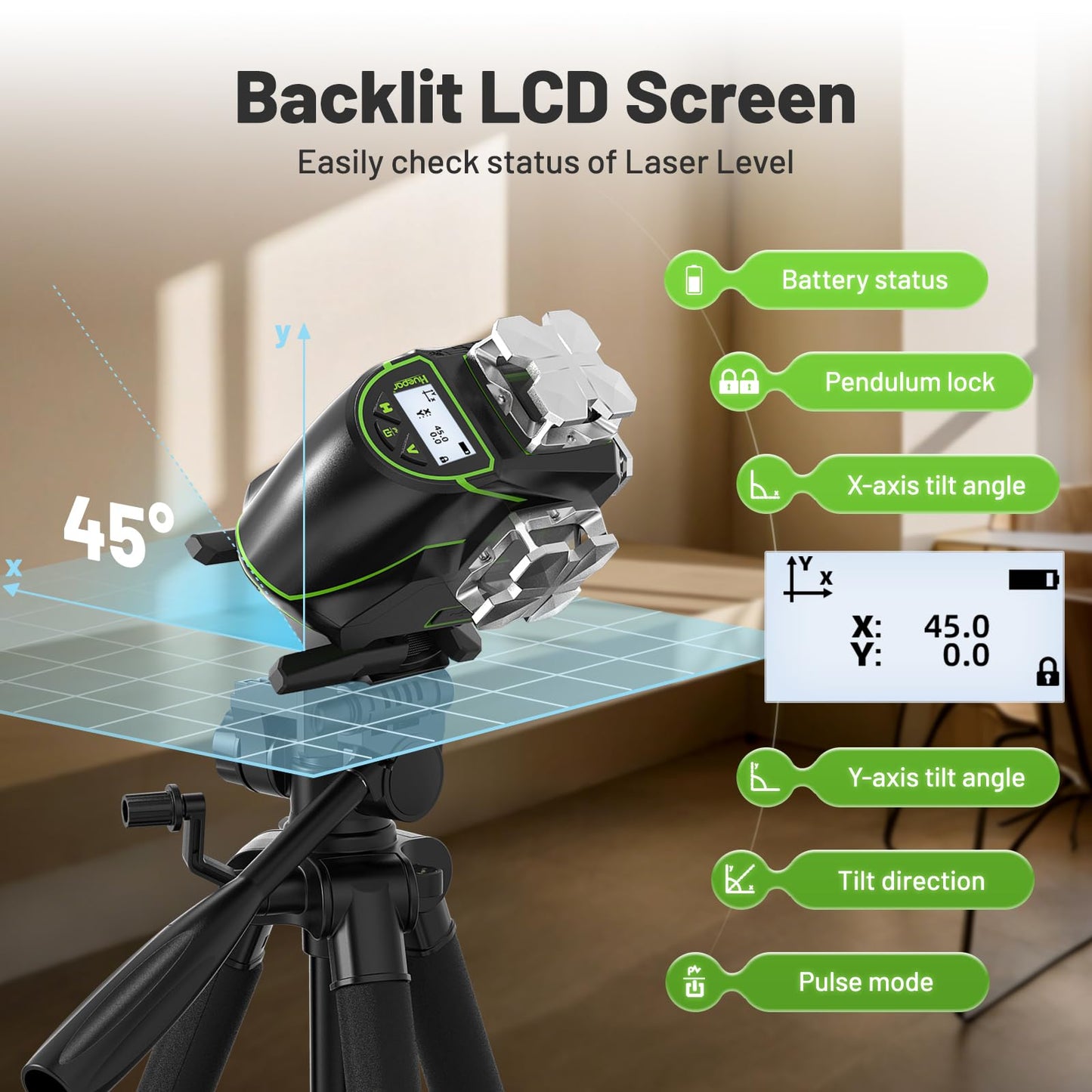 Huepar Laser Level 360 Self Leveling, 4x360° Green 4D Cross Line Laser with LCD Screen, Bluetooth Outdoor Pulse Mode Laser Tool for Construction -Remote Control, Rechargeable or 4 AA Batteries-S04CG