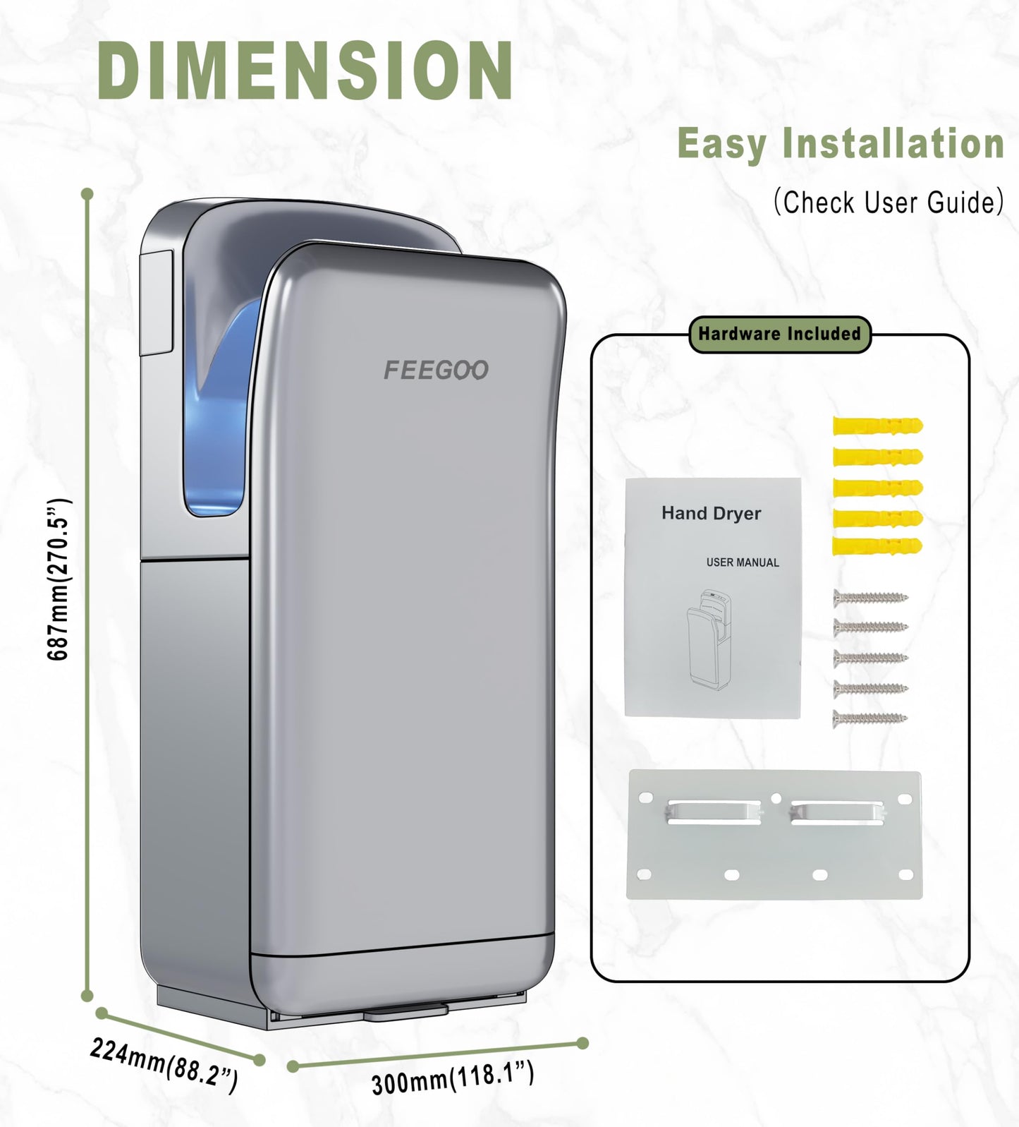 FEEGOO Commercial Vertical Hand Dryer – High-Speed Drying with HEPA Filtration & Stable Operation for Offices, Restrooms & High-Traffic Facilities,Silver