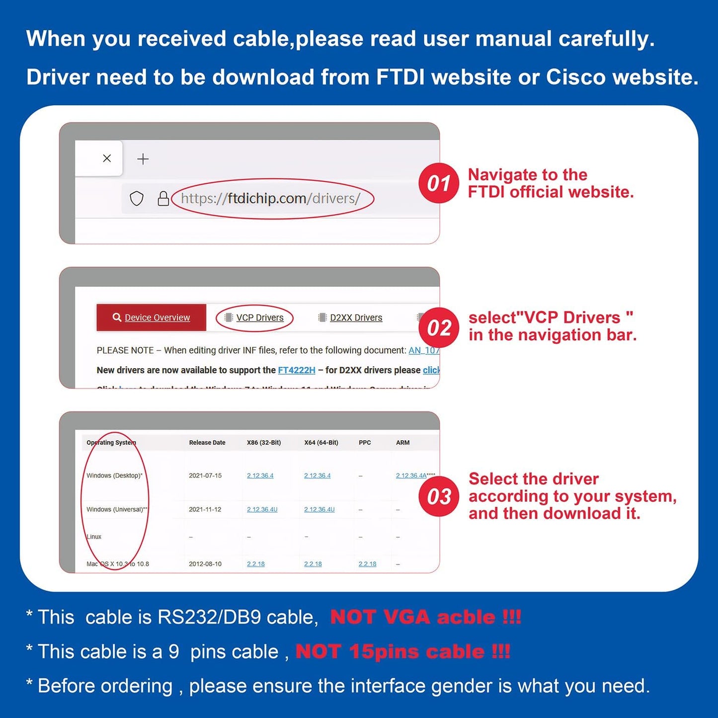 RS232 DB9 2-Pack USB to Serial Male Cable