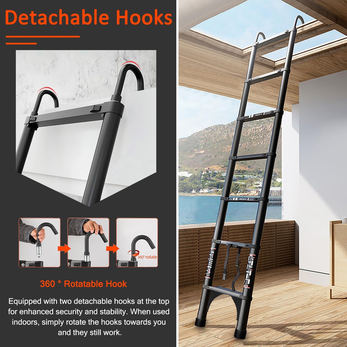 ARCHOM Telescoping Ladder 15 FT - Aluminum Telescopic Ladder with Hooks - Folding Extension Ladders for Home Work Loft Roof Attic RV Ladder with EN131 Certification - 330lbs Max Capacity (Black)