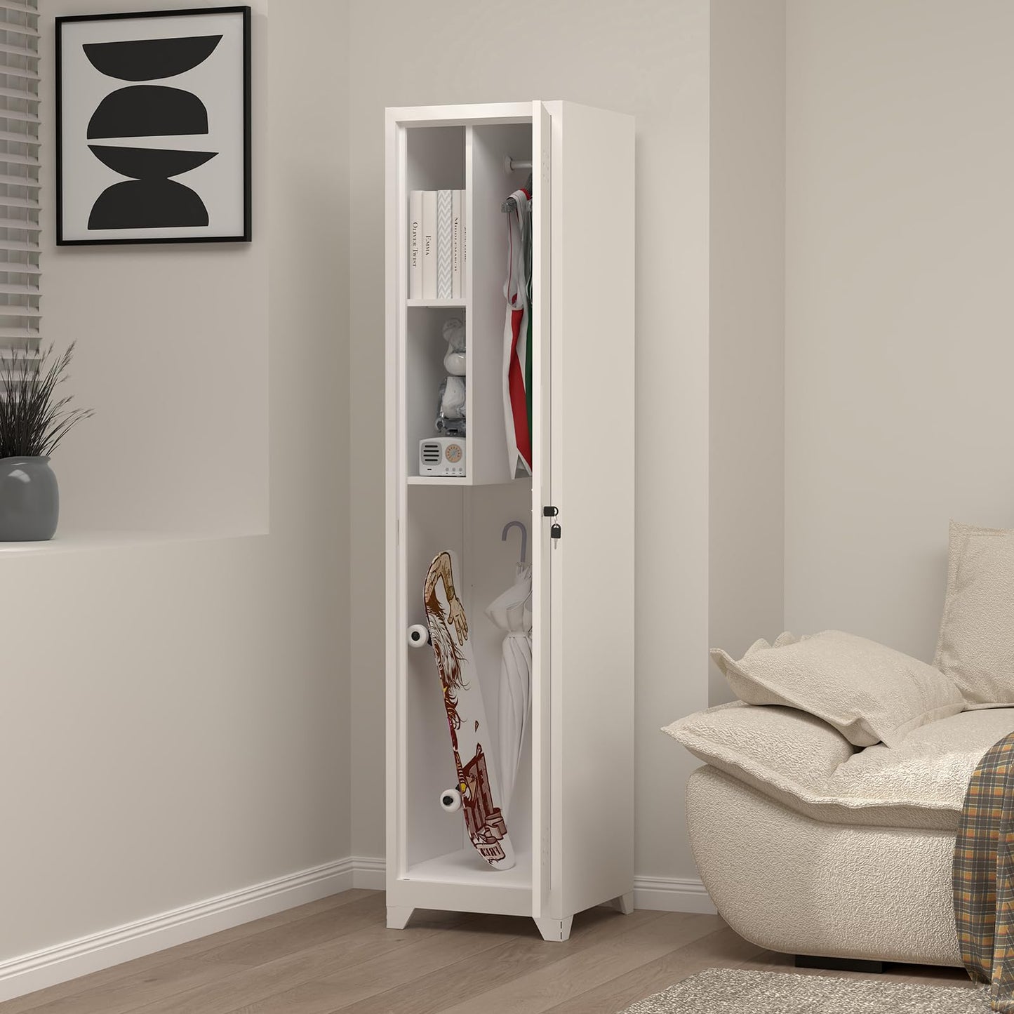 STEELIST Slim Broom Storage Cabinets, Metal Cabinet with Shelves and Hanging Rod, 15.75" W Utility Storage Cabinet with Locking Door, Slim Cabinet for Small Spaces, Kitchen, Pantry, Office, Shop