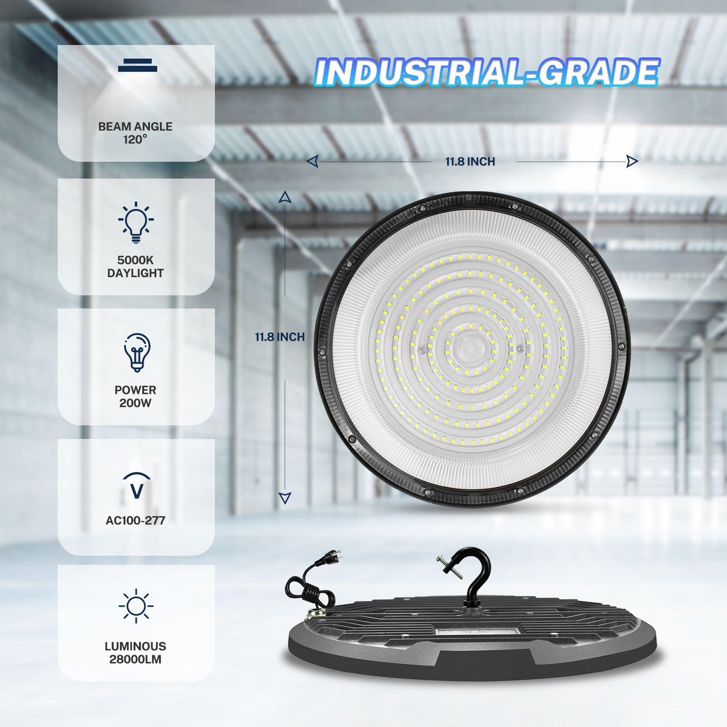 THELUX 200W 10Pack UFO Led High Bay Lights 5000K 28000LM(Equiv.800WMH/HPS), High Bay Led Shop Lights with US Plug&5Ft Cable Commercial Lighting Fixture for Warehouse,Garage,Gym,Workshop,Barn etc.