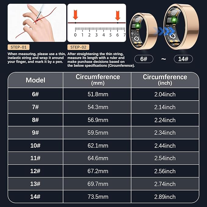 Smart Health Ring for Women Men, Fitness Tracker Ring with Heart Rate, Blood Oxygen, Sleep Tracker, Step Tracker, No Subscription Fee, IP68 Waterproof Smart Ring for iPhone & Android (Rose Gold, 9#)