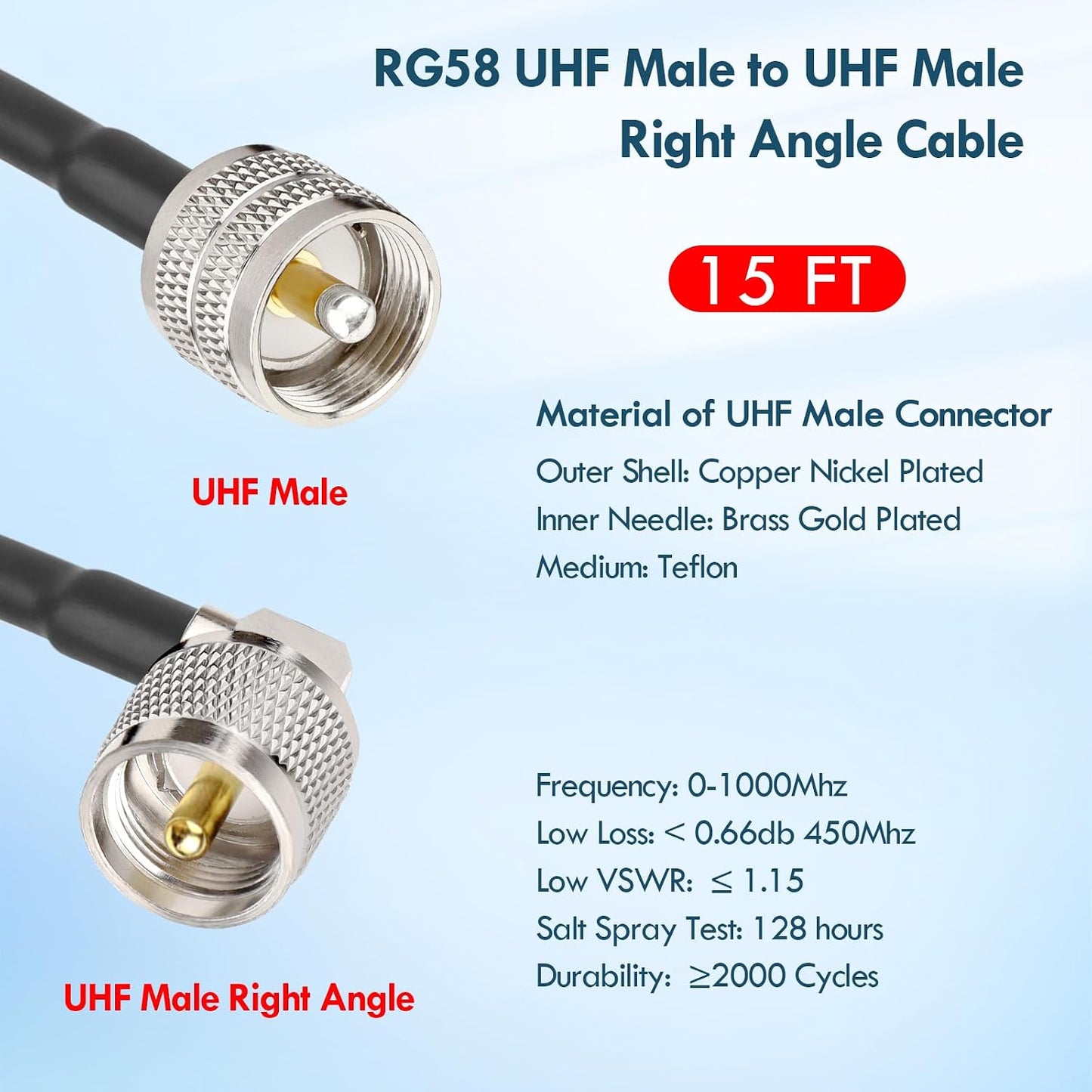 15FT RG58 PL-259 MOOKEERF CB Coax Cable - UHF Male to Male Right Angle Low Loss Coaxial Cable for CB Radio, HAM Radio