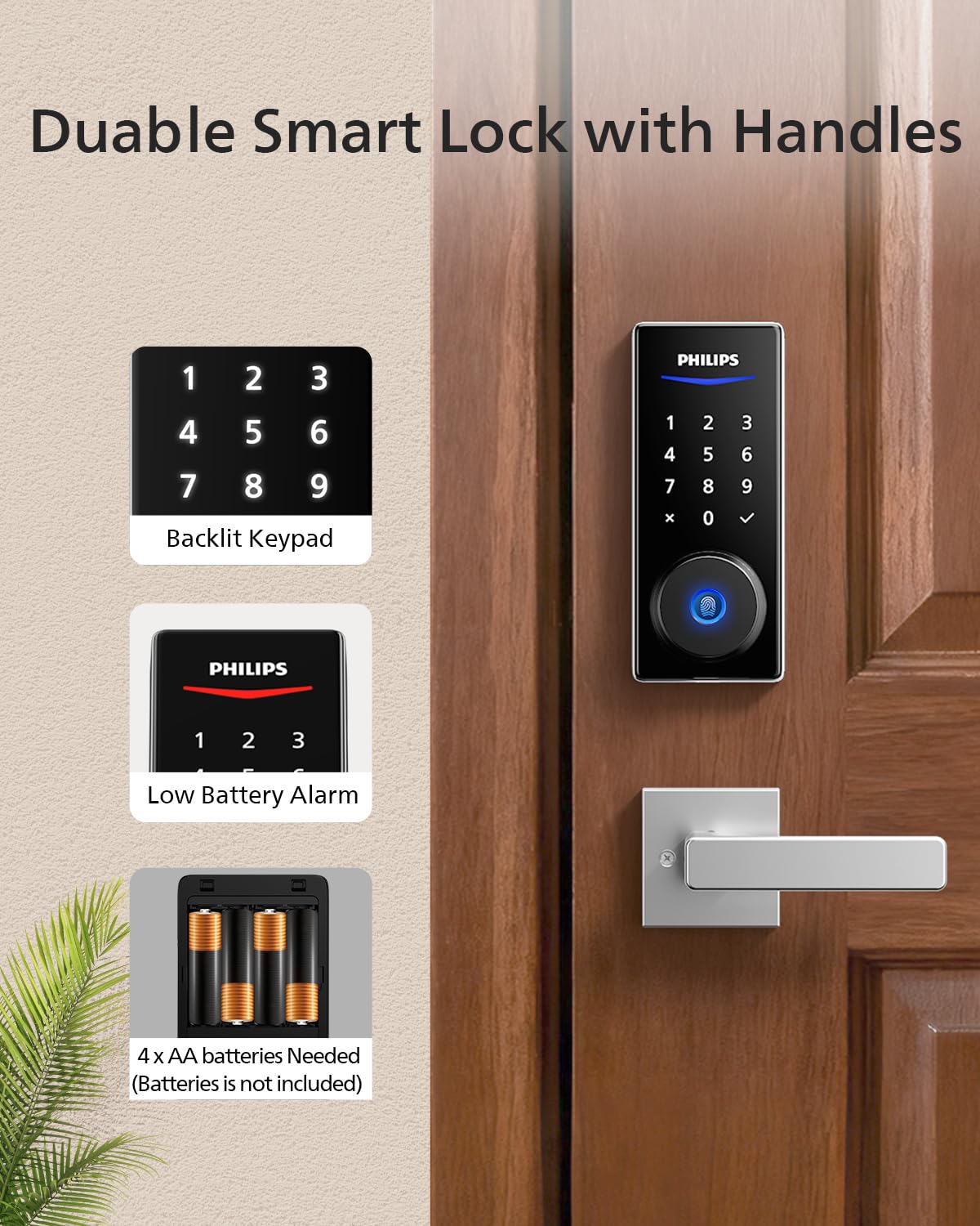 Philips Smart Lock with Handles, Smart Door Lock with 2 Level Handles, Keyless Entry Door Lock Set, Digital Keypad Deadbolt for Front Door, App Fingerprint PIN Code Unlocking, Auto Locking