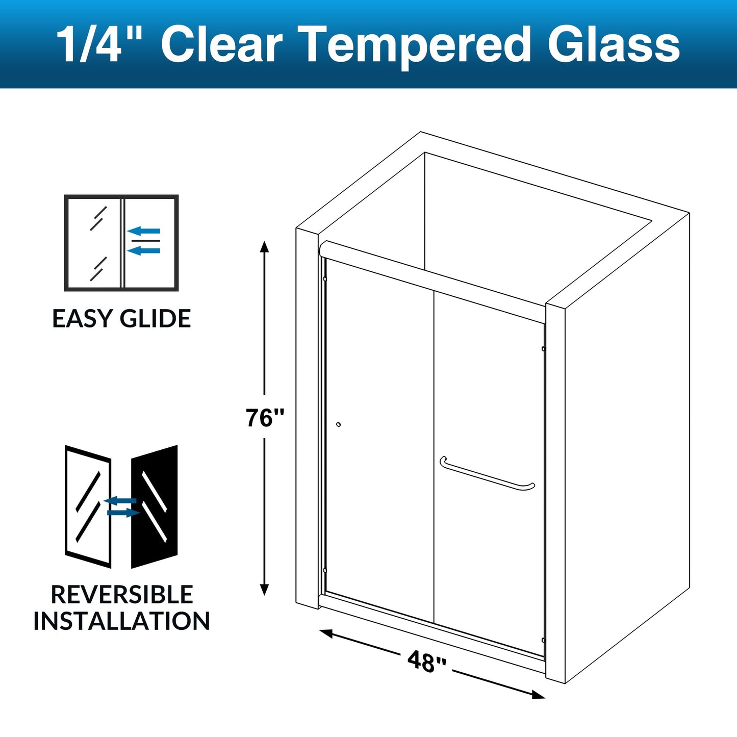 SL4U Shower Door 48" W x 76" H, Double Sliding Shower Door with 1/4" (6mm) Tempered Glass, Semi-Frameless Bypass Bathroom Door, Easy to Clean, Matte Black Finish