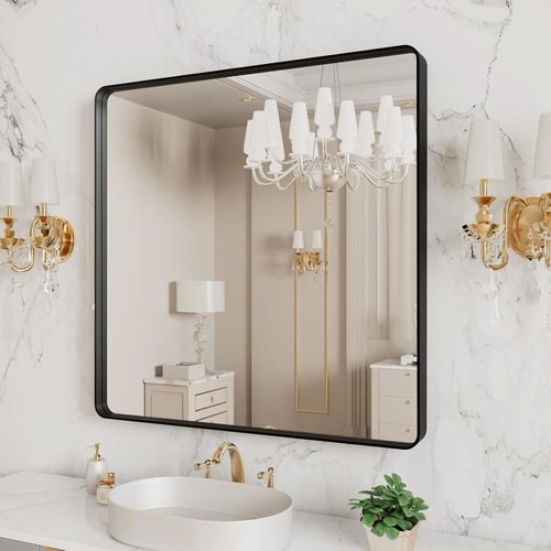 LOAAO Black Metal Framed Bathroom Mirror - 38x38 Inch Rounded Rectangle, Anti-Rust, Versatile Hanging Options