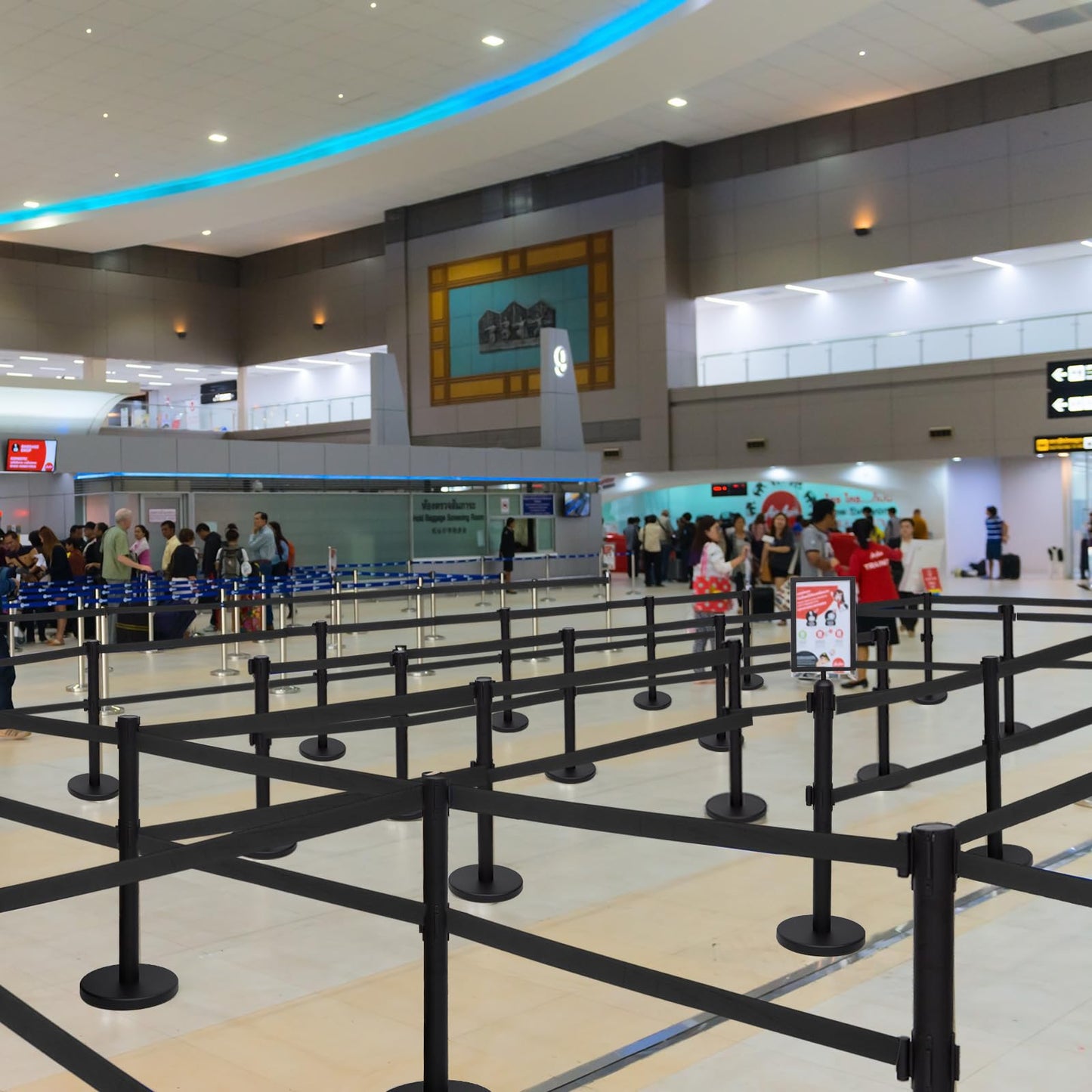 Wonderjune 6 Pcs Crowd Control Stanchions Set Stainless Steel Barrier Post with Dual Retractable Belt 9.8 ft and 1 Sign Holder Crowd Safety Control Barrier Solid Base Easy Connect Assembly
