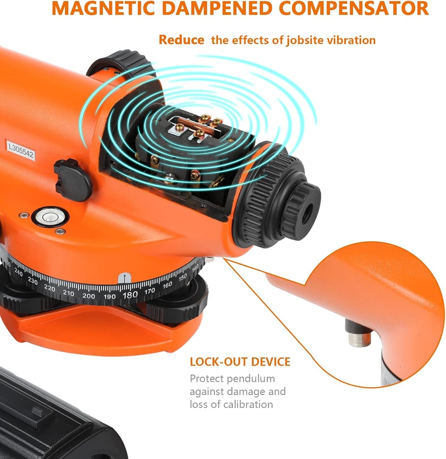 Automatic Optical Level 32X with Self-Leveling Magnetic Dampened Compensator and Transport Lock, Height/Distance/Angle Measuring Tool 393Ft of 3/10" at 100Ft Leveling Accuracy IP54 Waterproof