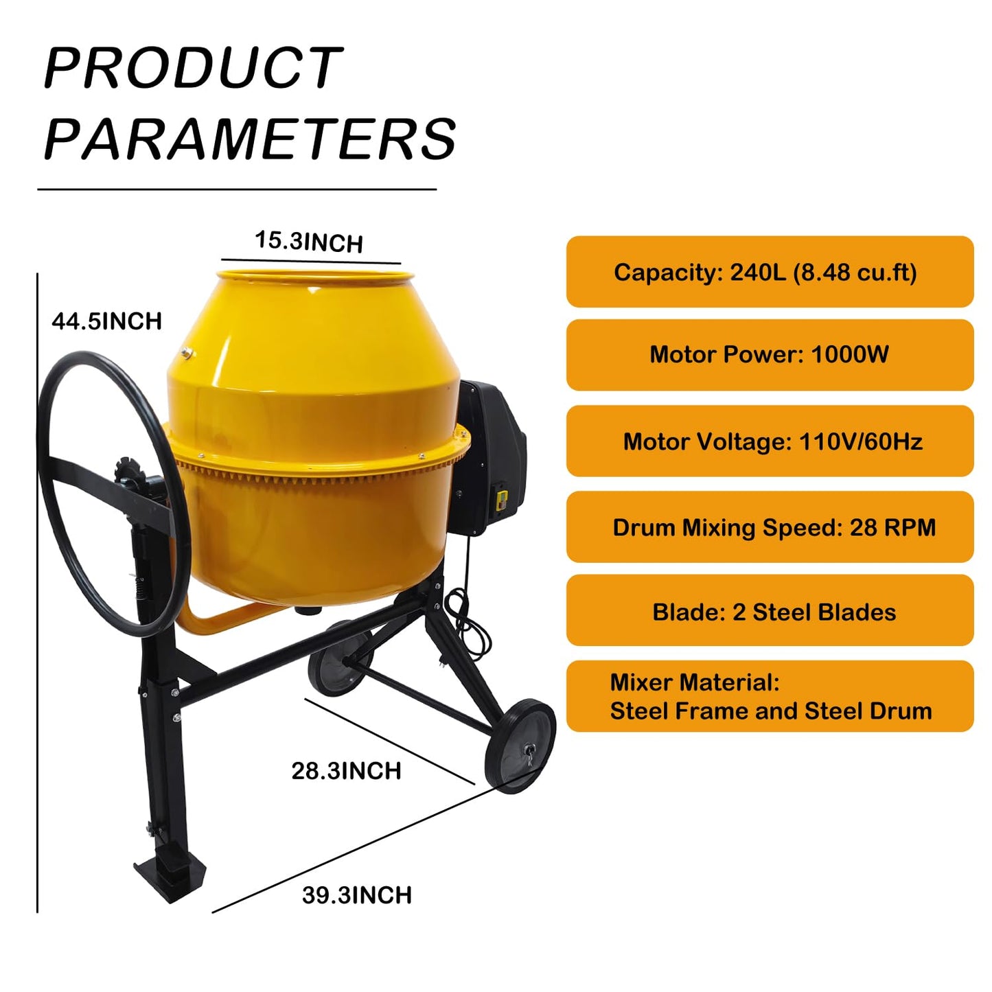 HayWHNKN 8.48 Cu.Ft Electric Concrete Mixer 360° Rotation Portable Concrete Cement Mixer with Wheels 1000W Steel Drum