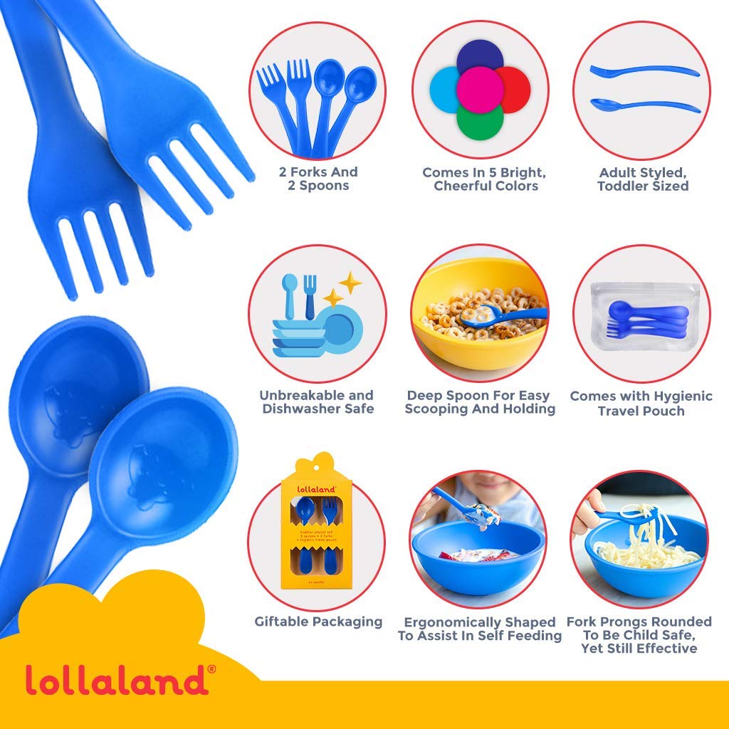 Lollaland 5 Piece Plastic Toddler Silverware Spoon and Fork Utensil Set - Reusable Toddler Cutlery With Hygienic Travel Pouch (Red) - 1 SET