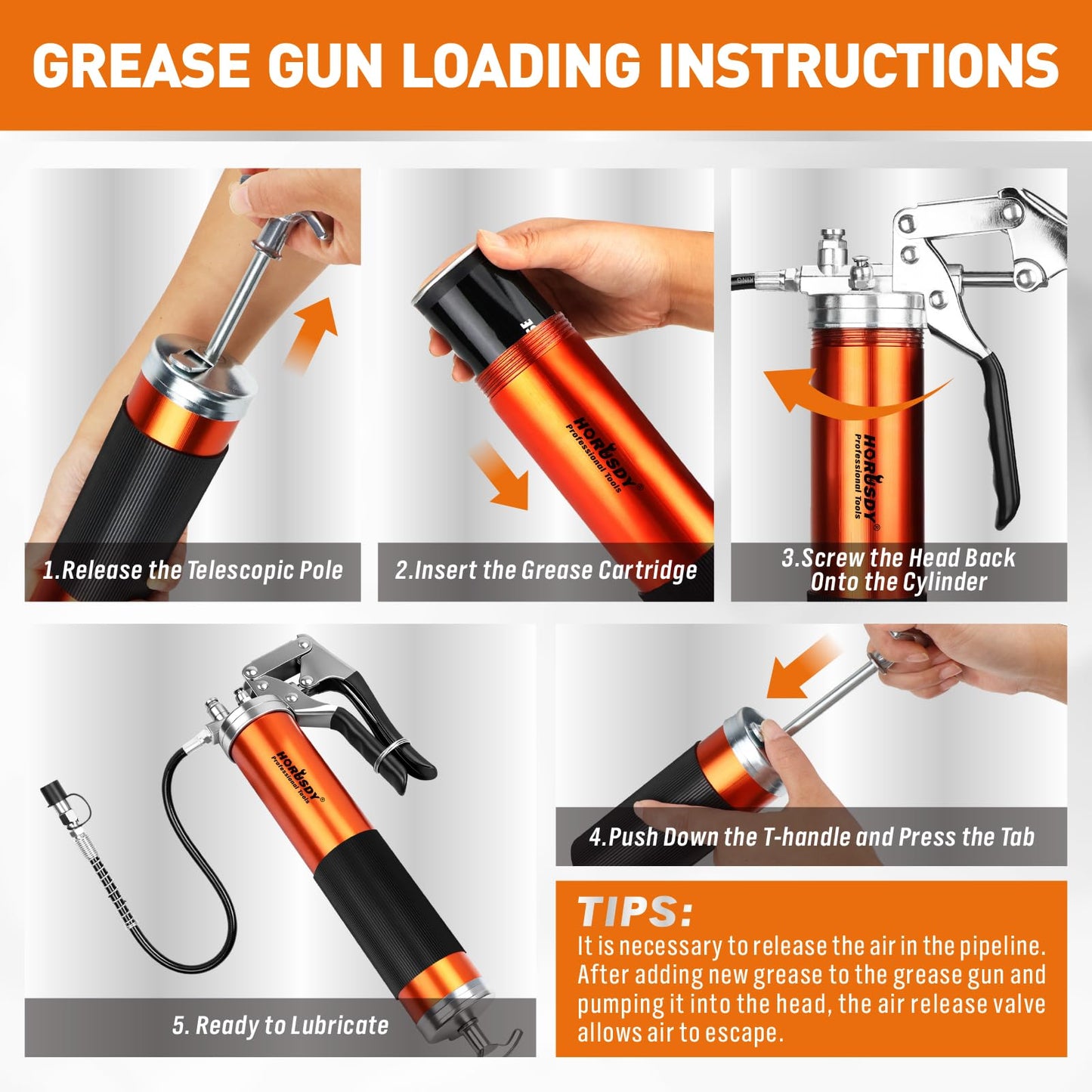 18-Piece 8000PSI Heavy Duty Grease Gun Kit with 14oz Grease, 2x11" Hoses, Flex Hose, Extension Pipes, Lock Coupler, Injector, Sharp Nozzle for Vehicle, Farm, Workshop, Marine, Easy Operation Tool
