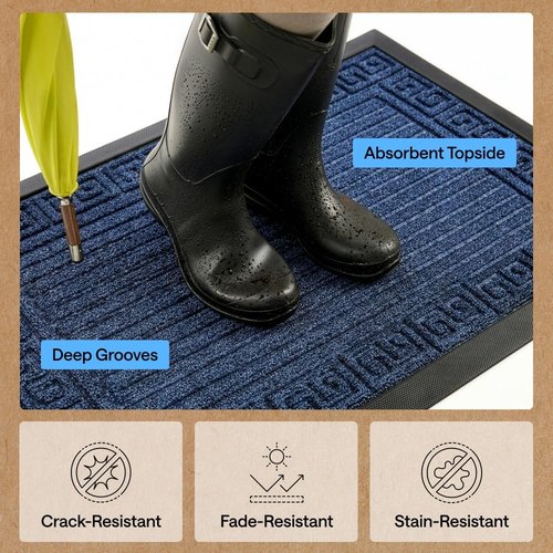 GORILLA GRIP Waterproof All-Season Doormat - Natural Rubber, Stain & Fade Resistant, 29x17, Navy Greek Keys