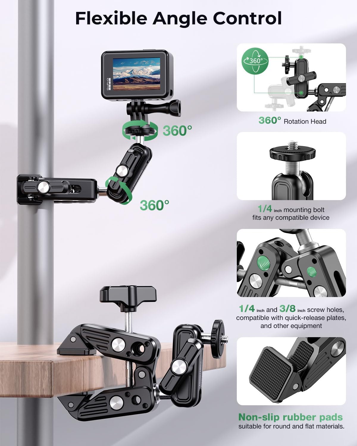CAMBOFOTO 360 1/4"-20 3/8"-16 Camera/Gopro/Ronin-M/MOVI/Insta360/Tripod/Desk Super Clamp Camera Mount, Dual Ballhead
