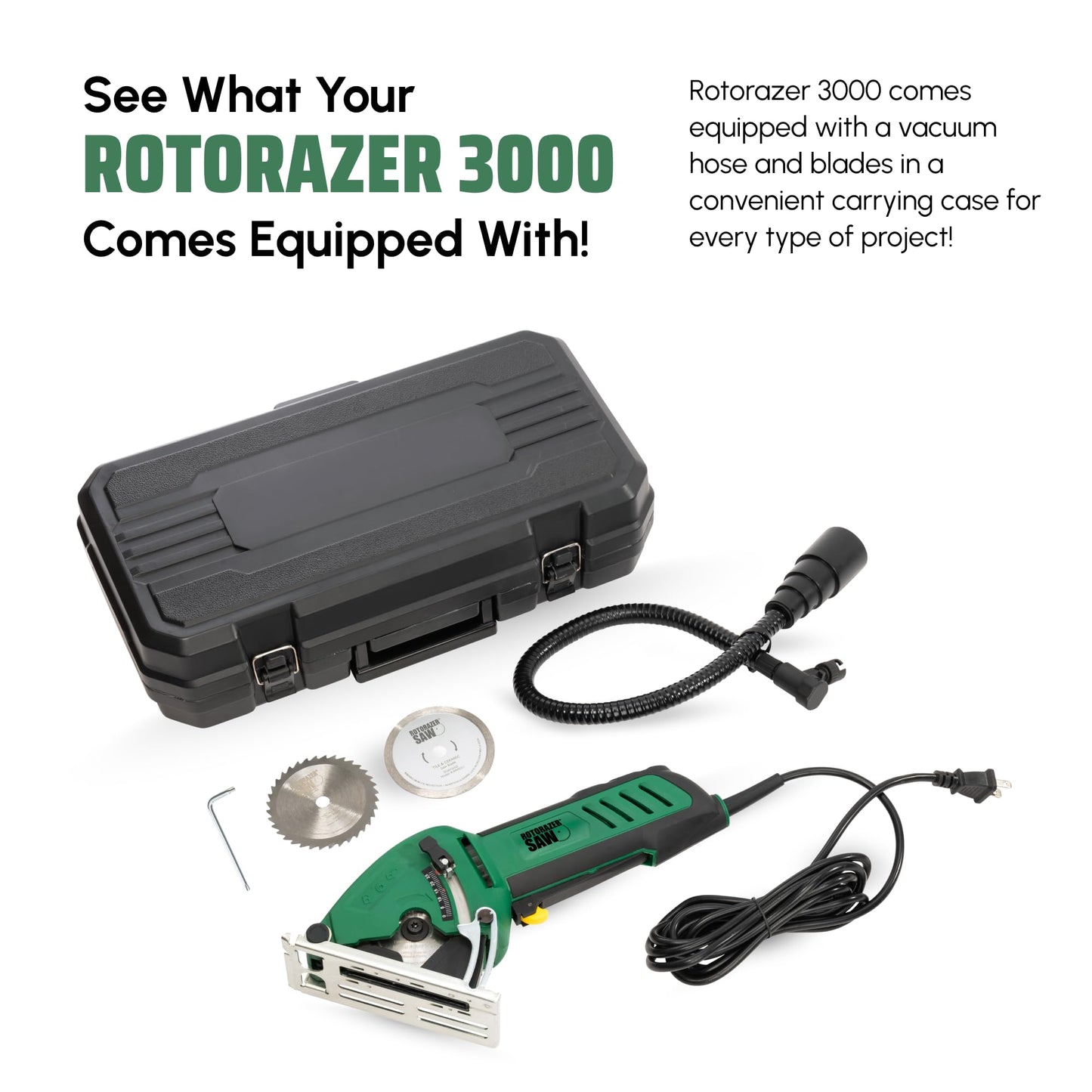 Official ROTORAZER Compact Circular Saw Set for DIY Projects - Cut Drywall, Tile, Grout, Metal, Pipes, PVC, Plastic, Copper, and Carpet w/Blades, Dust Collector & Case - AS SEEN ON TV (Green)