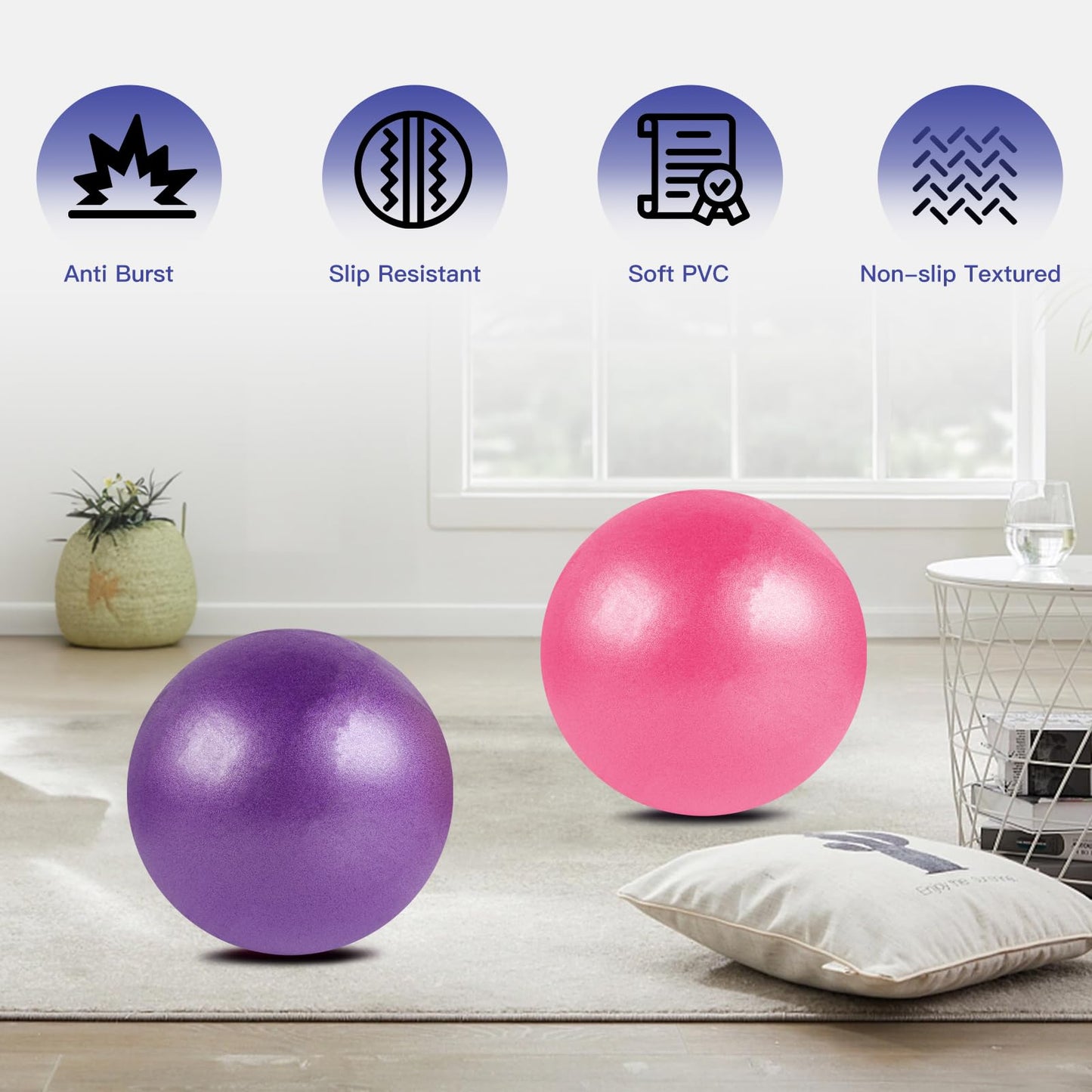 Guirnd Pilates Ball 2P, 9 Inch Workout Ball for Women Men Kid Toddler, Small Exercise Ball with Pump for Physical Therapy, Stability, Stretching, Barre, Yoga, Core(Pink & Purple)
