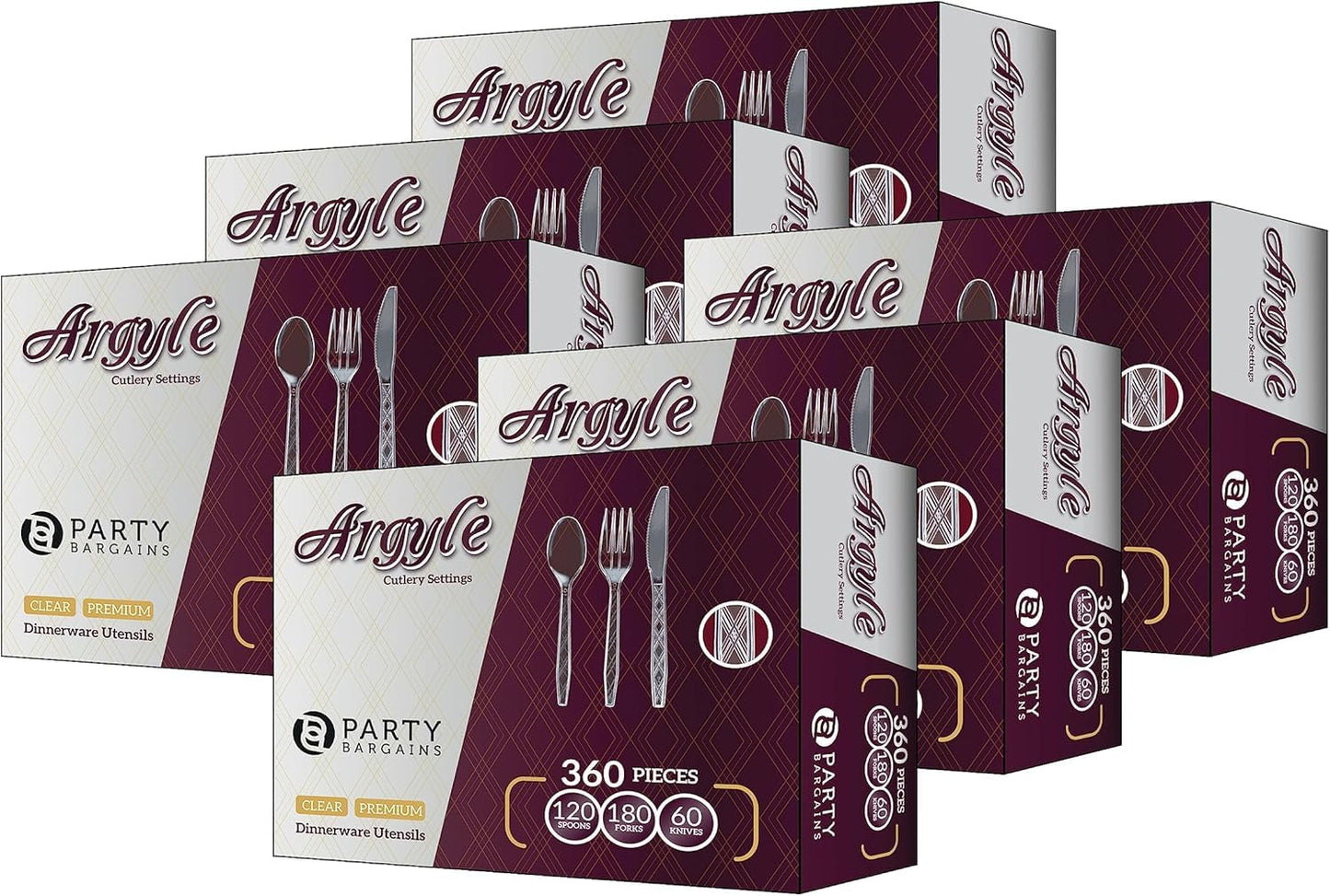 PARTY BARGAINS Argyle Settings Clear Plastic Cutlery Set 720‑Piece – 360 Forks, 240 Spoons, 120 Knives – Heavy‑Duty Disposable Utensils for Parties, Weddings, Buffets, BBQs & Catering – BPA Free