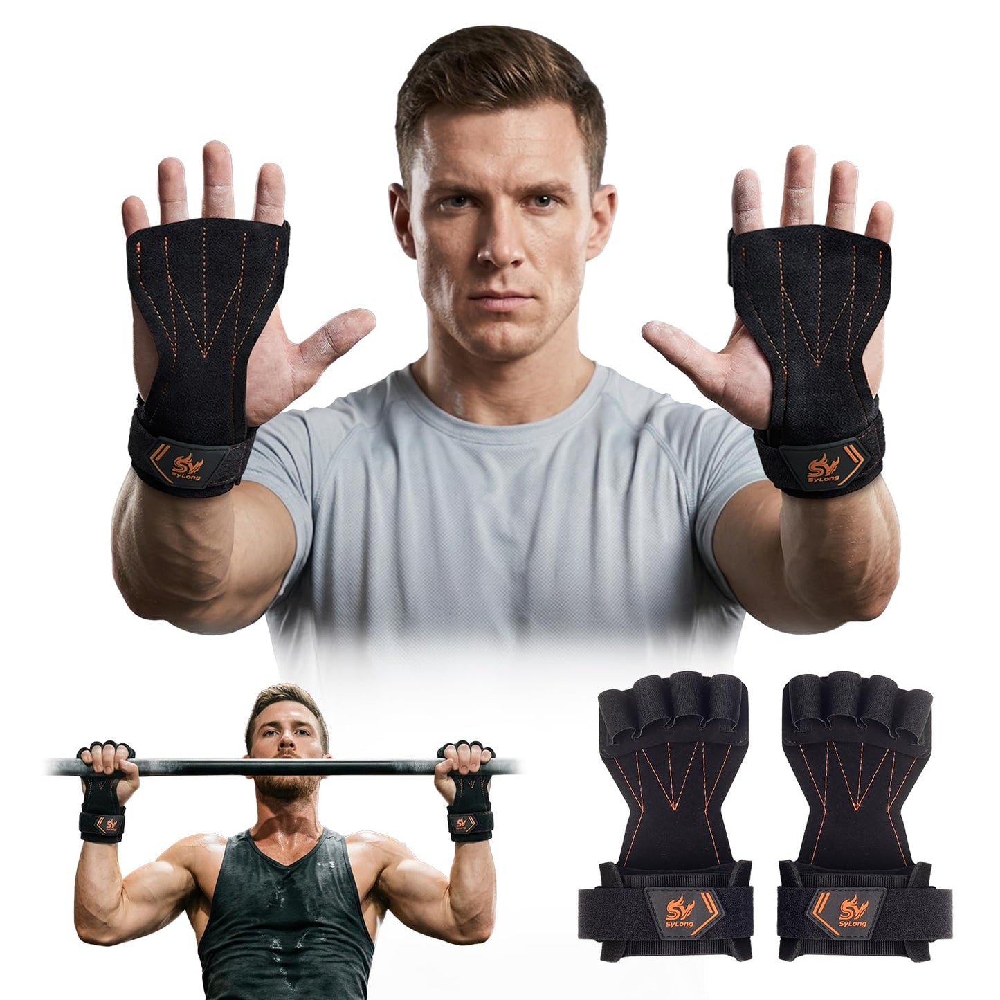 Sylong Gymnastics Hand Grips for Cross Training, Pull ups, Weight Lifting, Gymnastics; Effectively Plam Protection; offering a larger coverage area than standard grips，for Men and Women (Black-S)