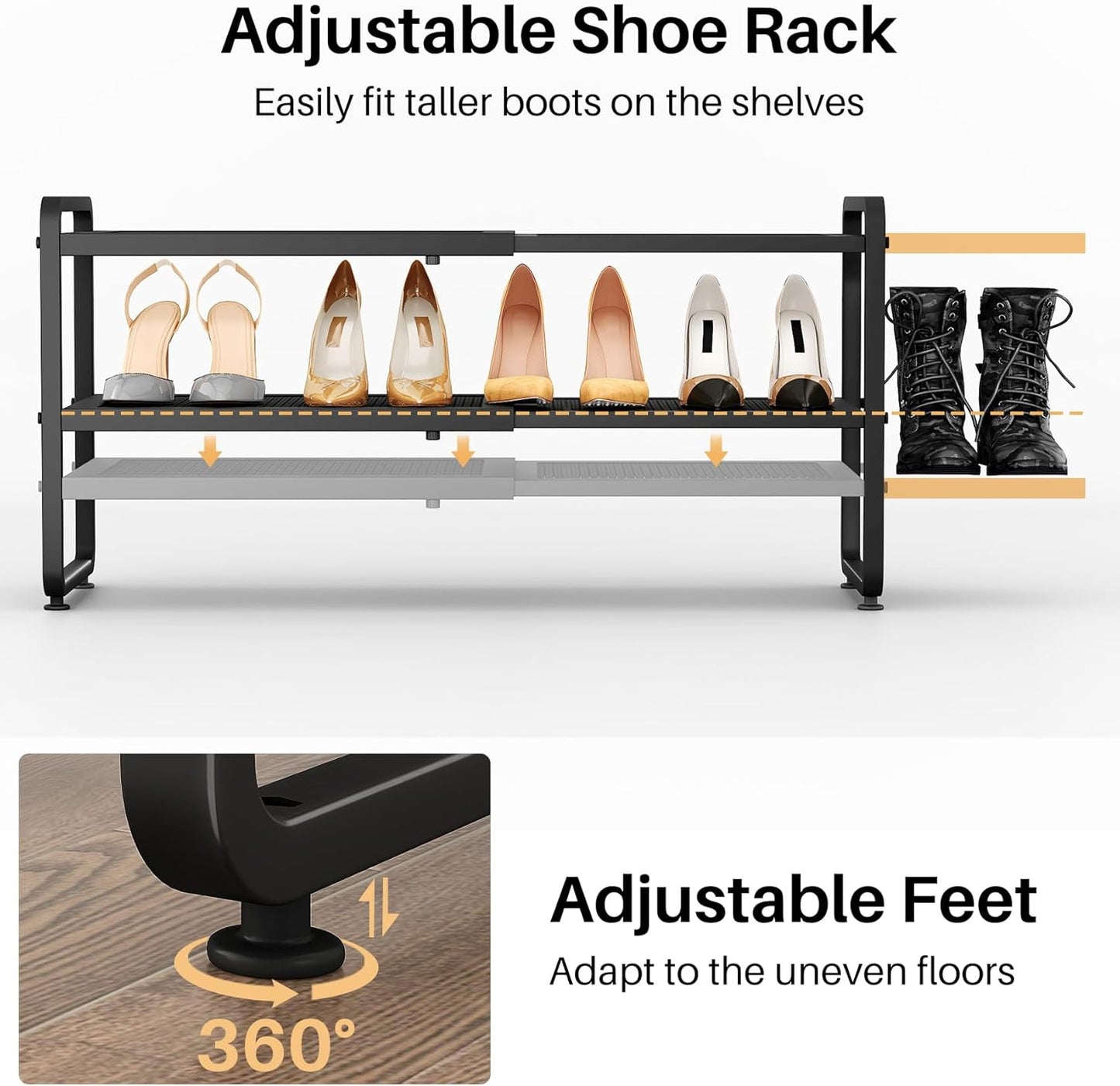 SNTD Shoe Rack - Expandable Shoe Organizer with Adjustable Metal Shelves | Stackable 2-Tier Design in Black