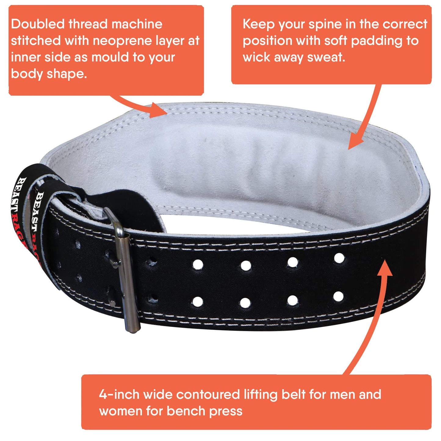 BEAST RAGE Weight Lifting Belt Leather Heavy Duty Gym Body Building Workout Training Weight Lifting Belt Adjustable Holes 4” Padded Lumbar Back Support Exercise Powerlifting Fitness Strength