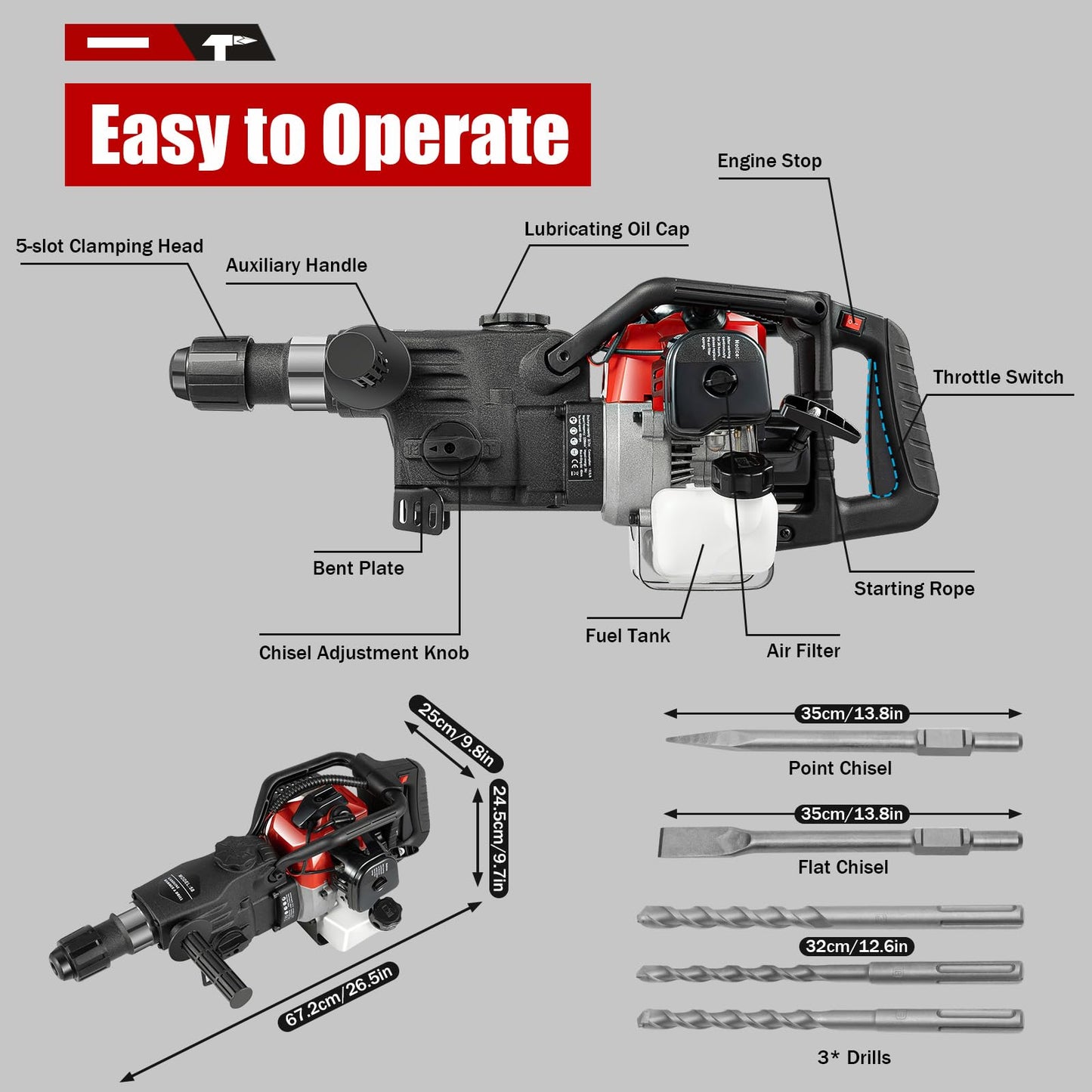 33CC 1000W Gas Powered Jack Hammer, 2-Stroke Hammer Drill, Drilling Machine Breaker Punch Drill Chisels Heavy Duty Gasoline Concrete Breaker Rock Drill for Concrete Breaking, Construction